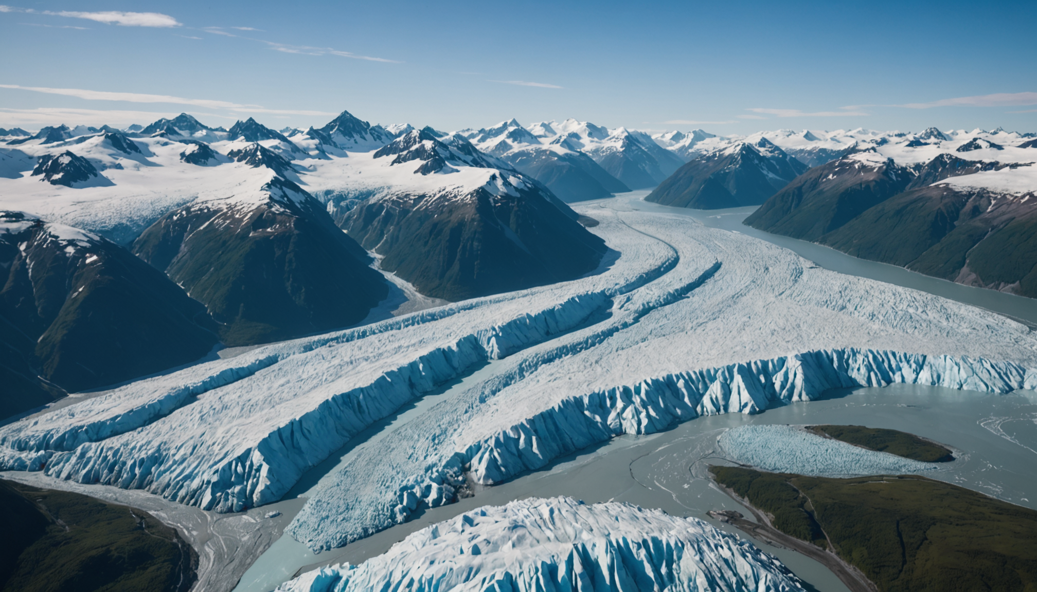 Aerial view of Knik Glacier with a helicopter in the foreground