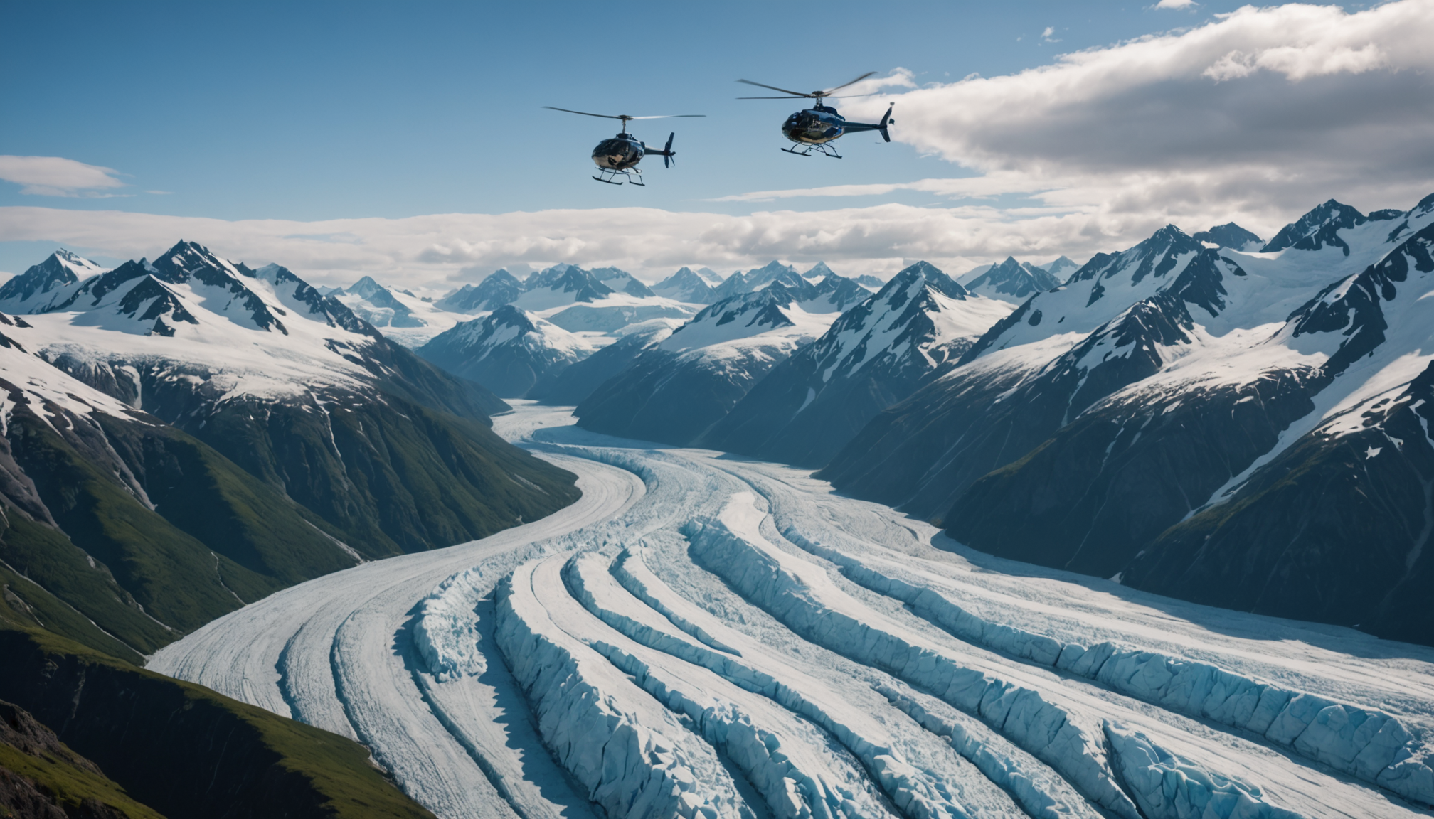 Helicopter flying over Knik Glacier