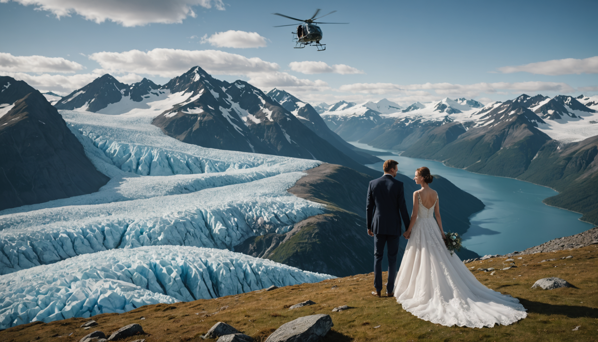 Bride and groom overlooking a mountain range at sunset