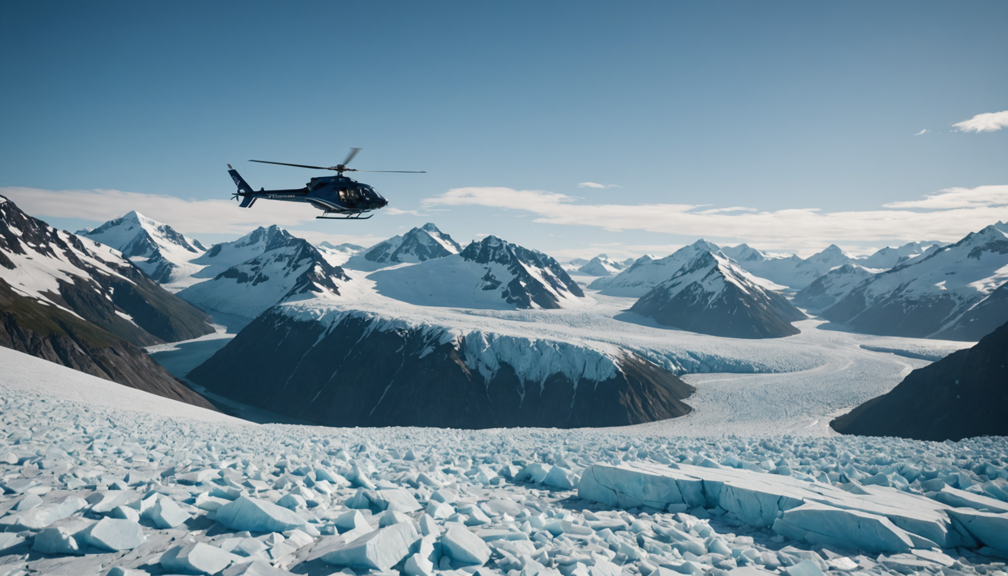 A helicopter landing on a glacier