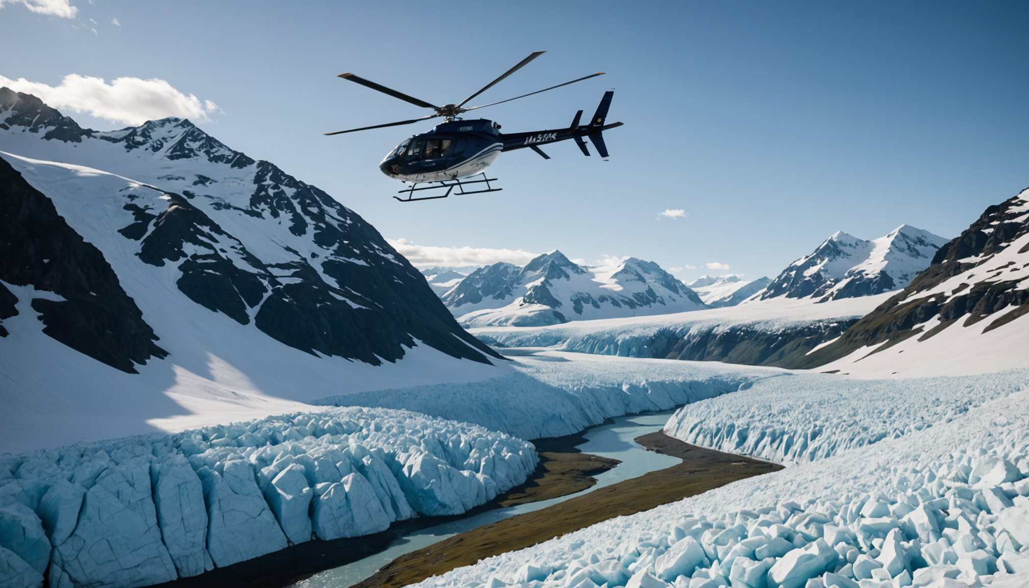 A helicopter flying over a glacier with a bear visible below