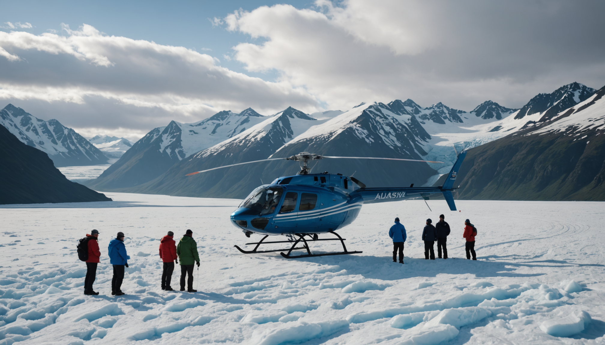 Tour group preparing for a helicopter flight over Explorer Glacier