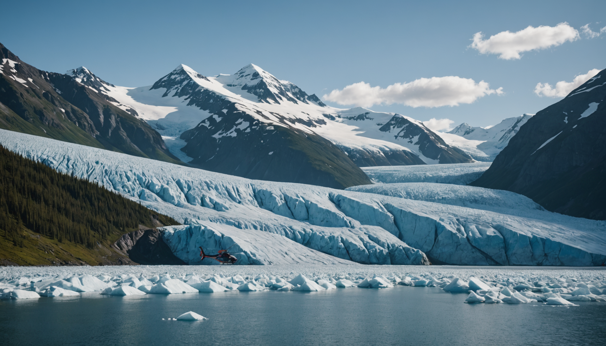 Helicopter landing on a glacier with the Alaska Range in the background