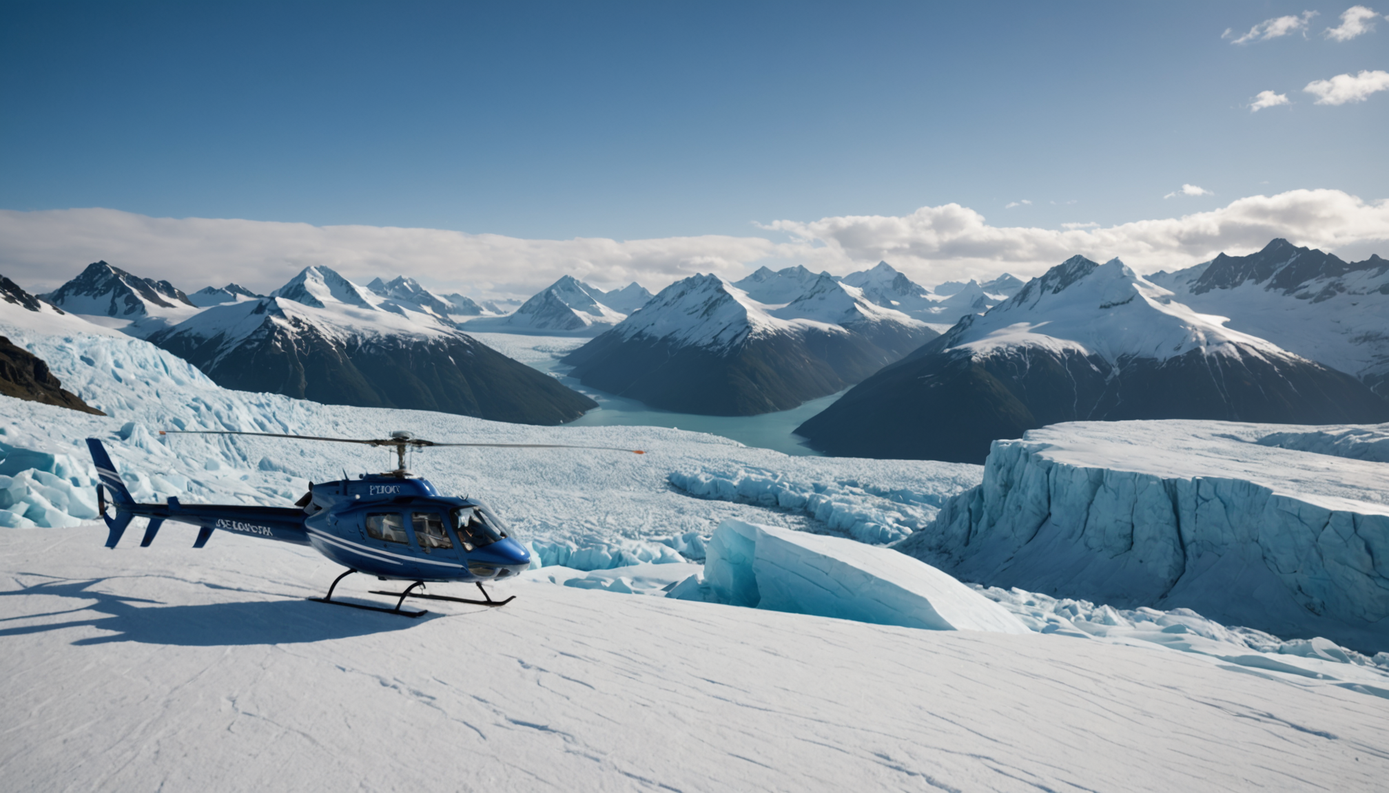 A helicopter landing on a glacier in Alaska