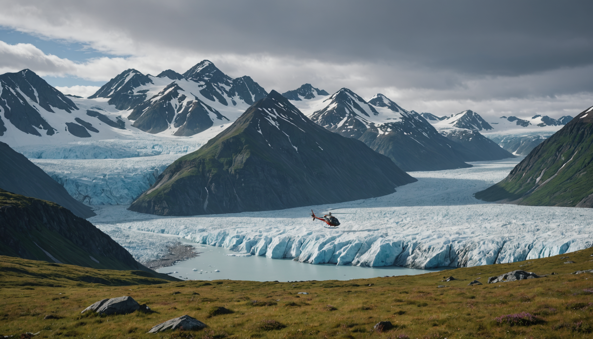 Helicopter landing in the Alaskan wilderness