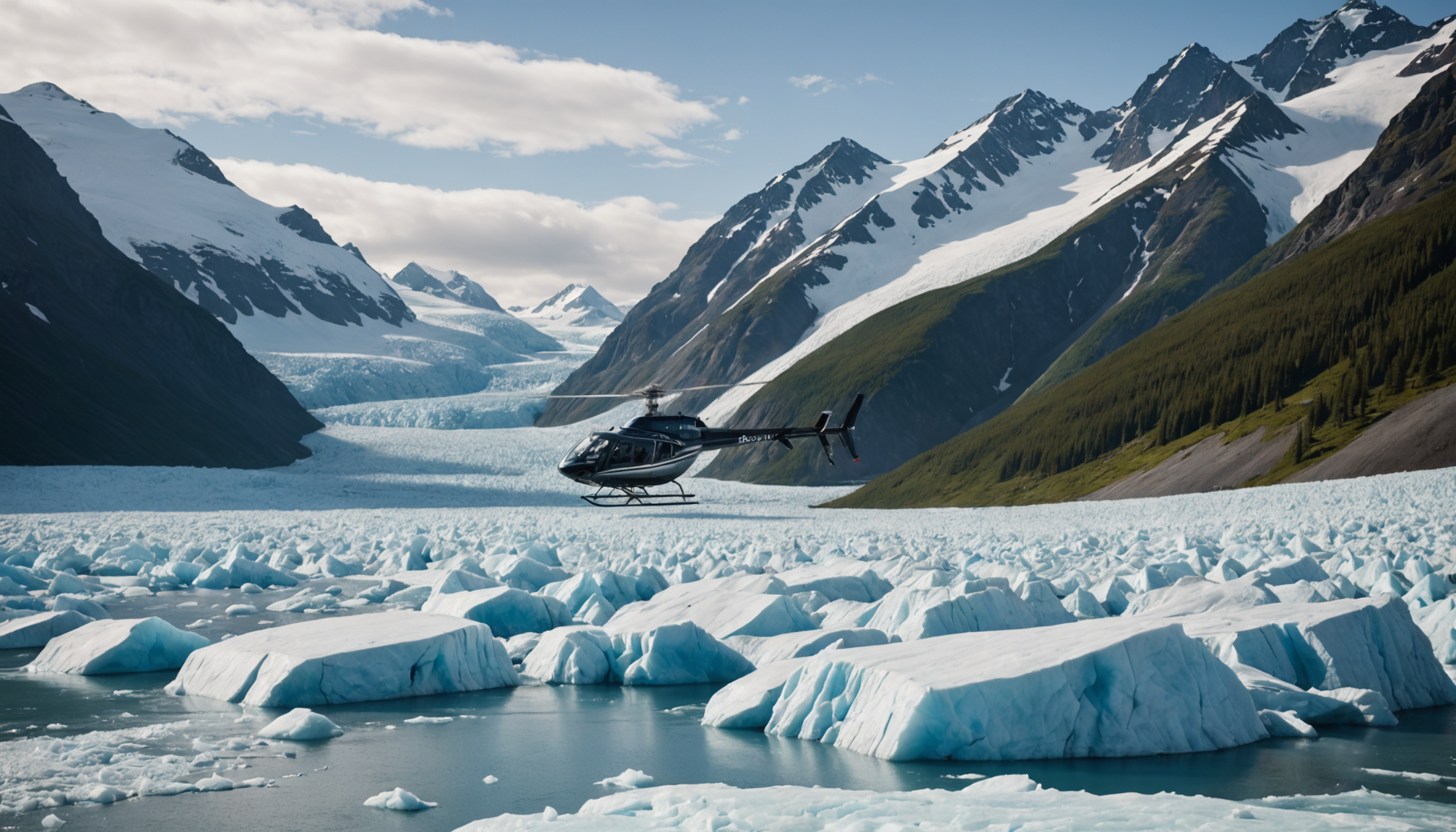 A helicopter landing on a glacier with a wedding party nearby