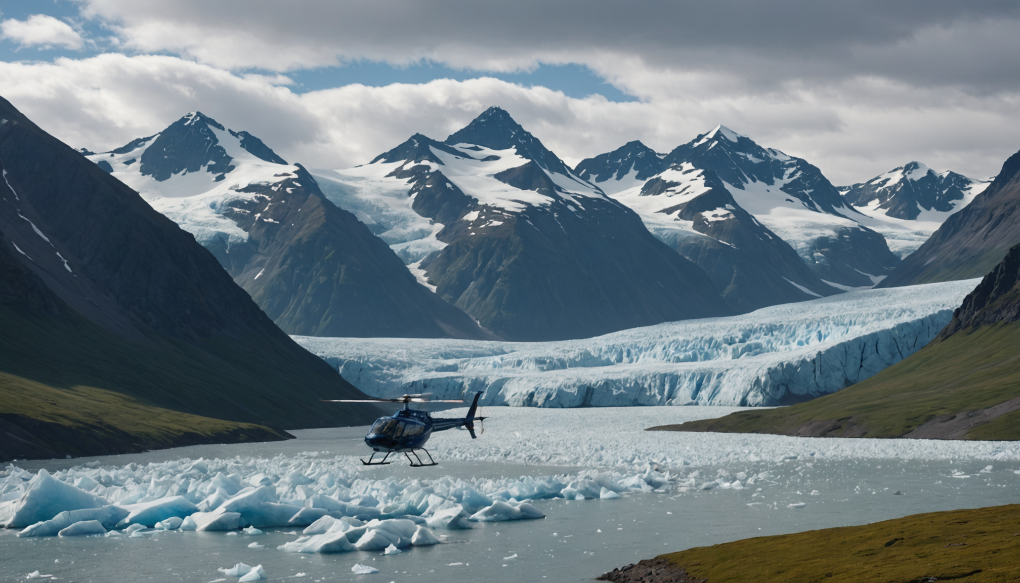 Helicopter landing near Columbia Glacier