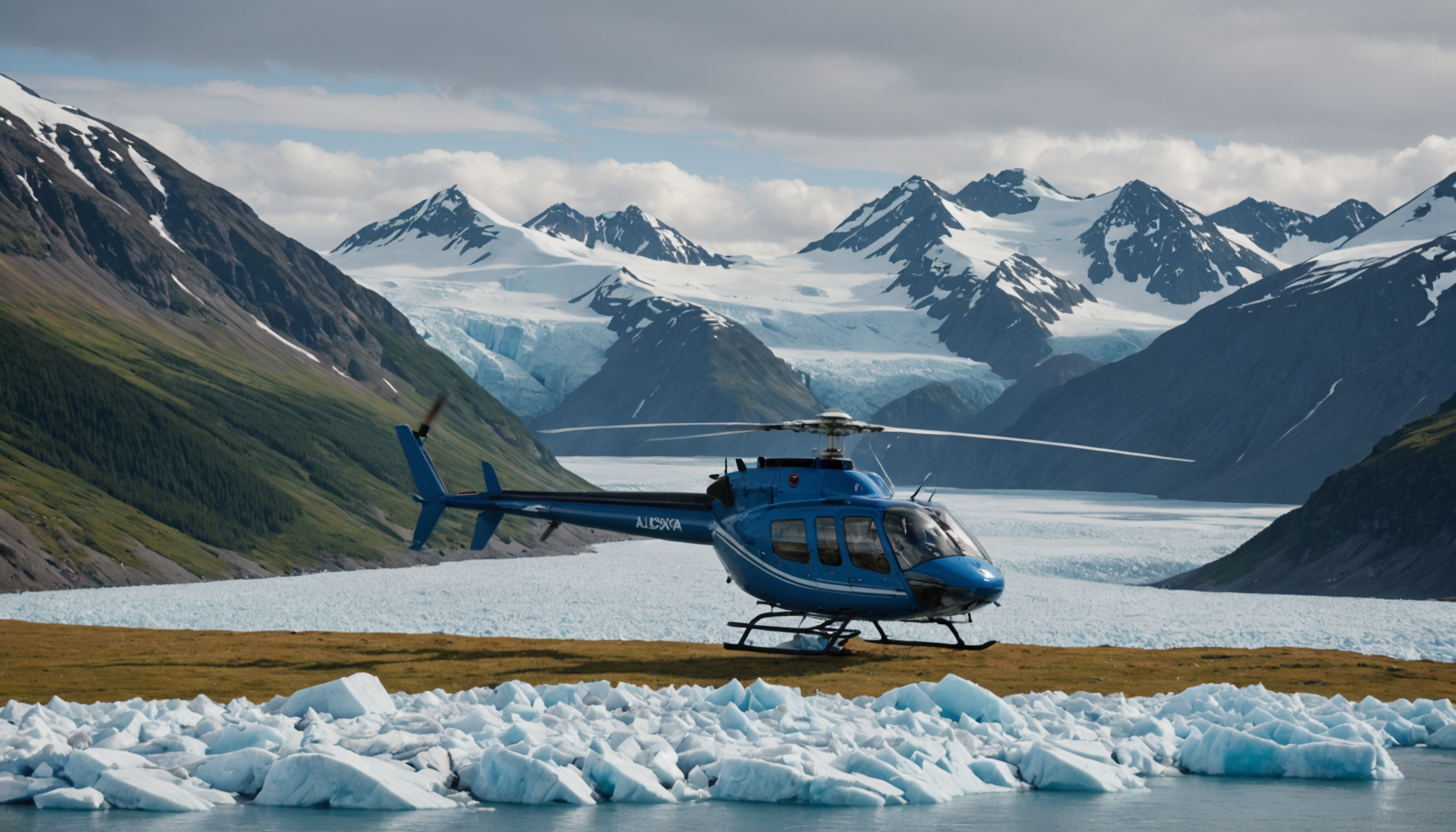 Helicopter landing near a glacier in Seward, Alaska