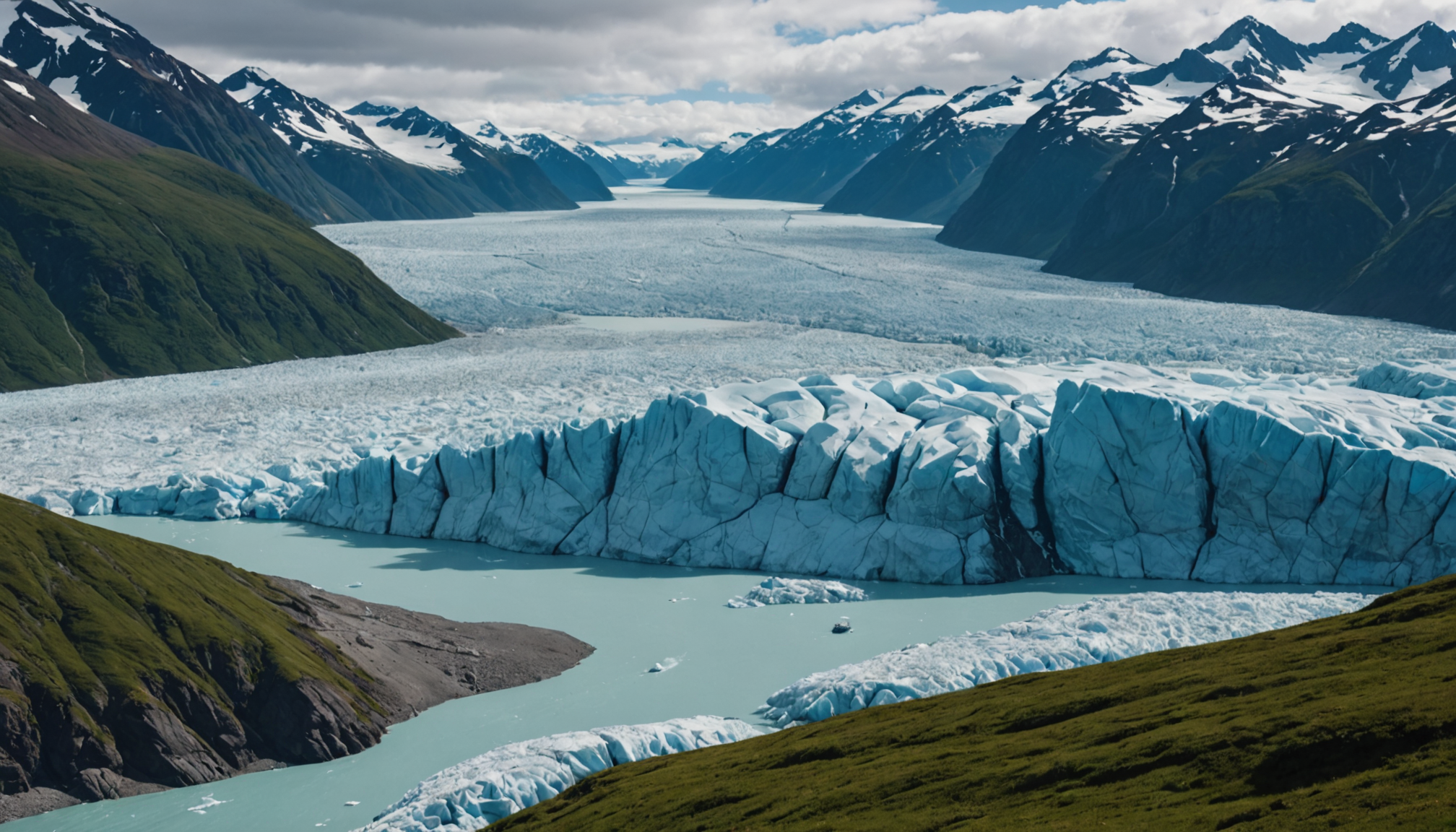 A photographer capturing a glacier in Valdez, Alaska with mountains in the background.