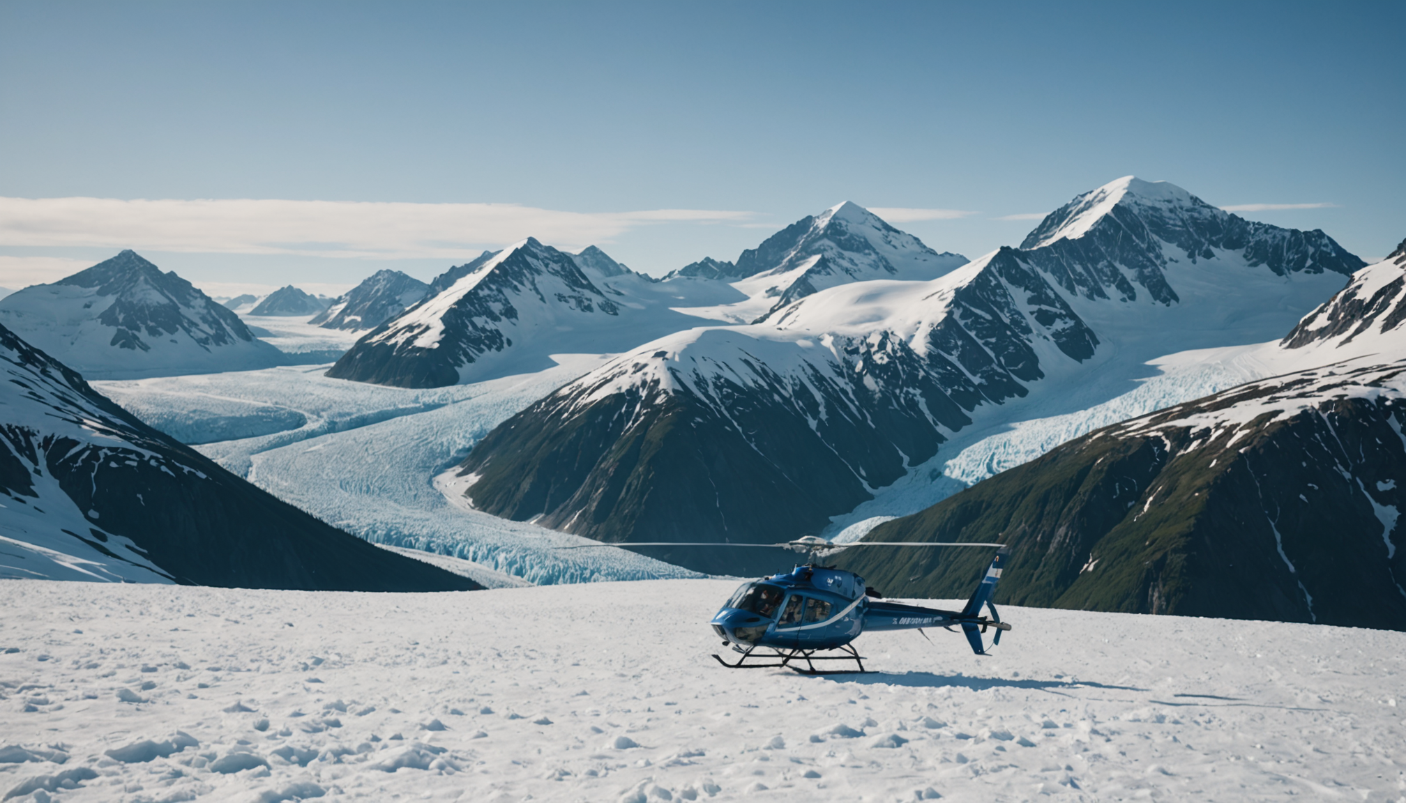 Helicopter landing on a snowy peak in Chugach Mountains