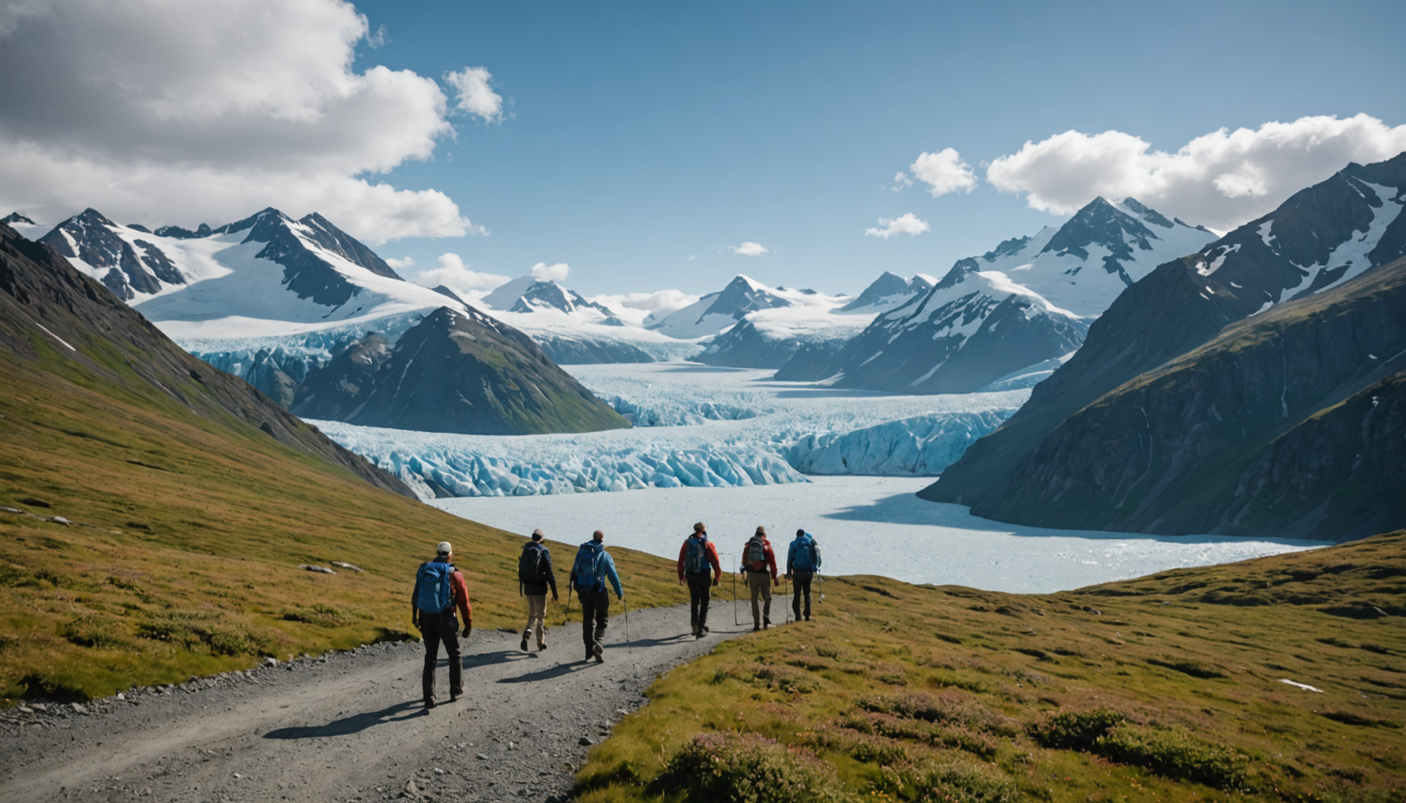 Hikers on an Alaska trail with mountain backdrop