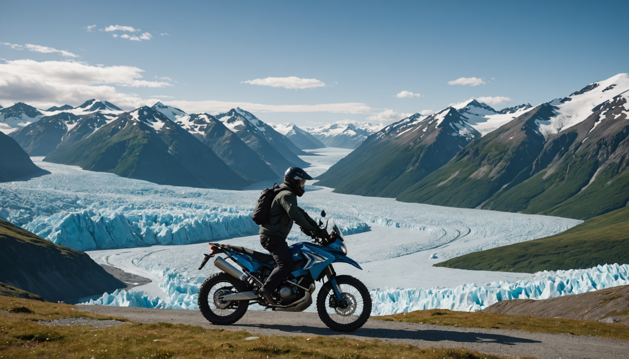 A biker riding an electric bike with a backdrop of Alaska's mountainous landscape