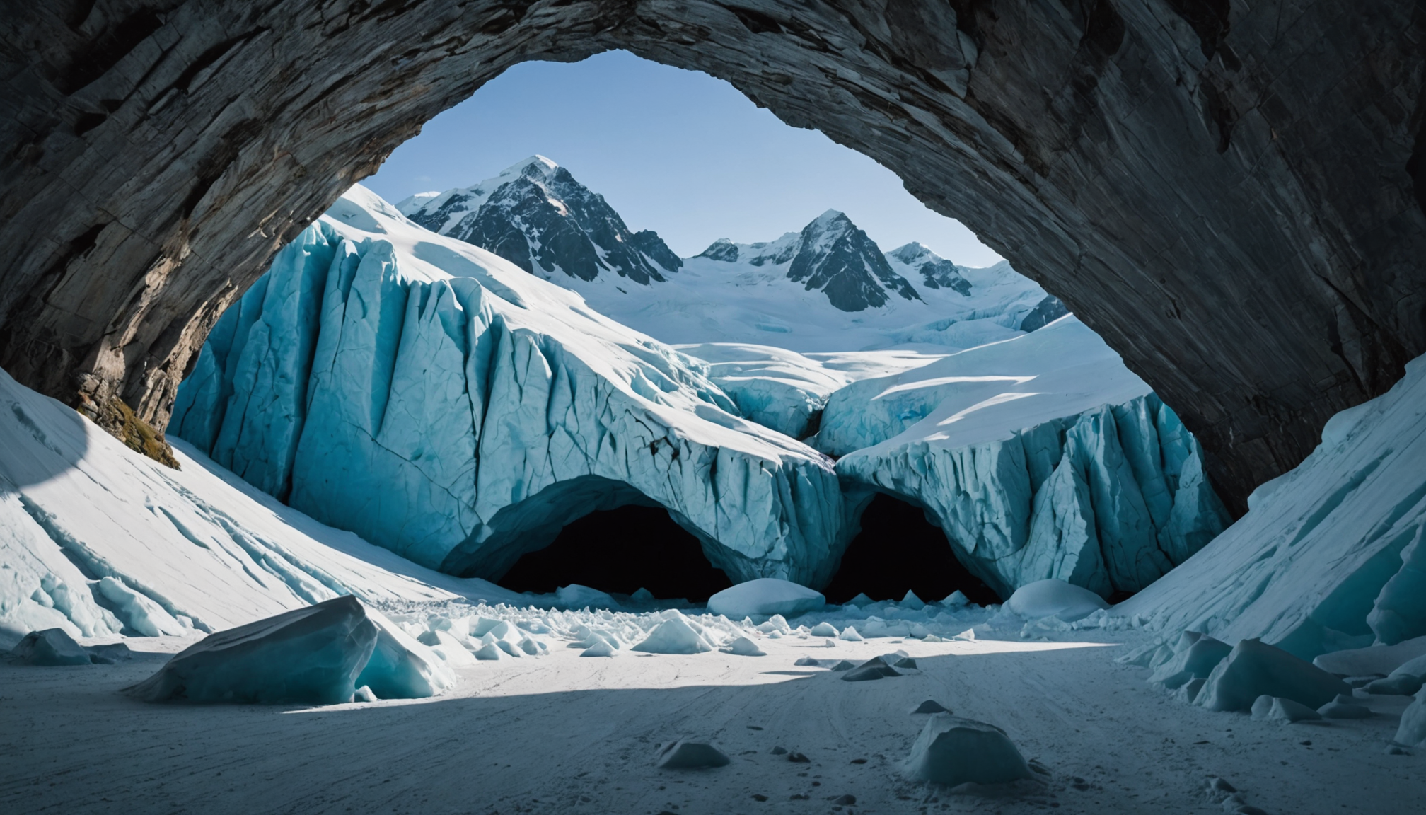 Inside an ice cave with vibrant blue walls