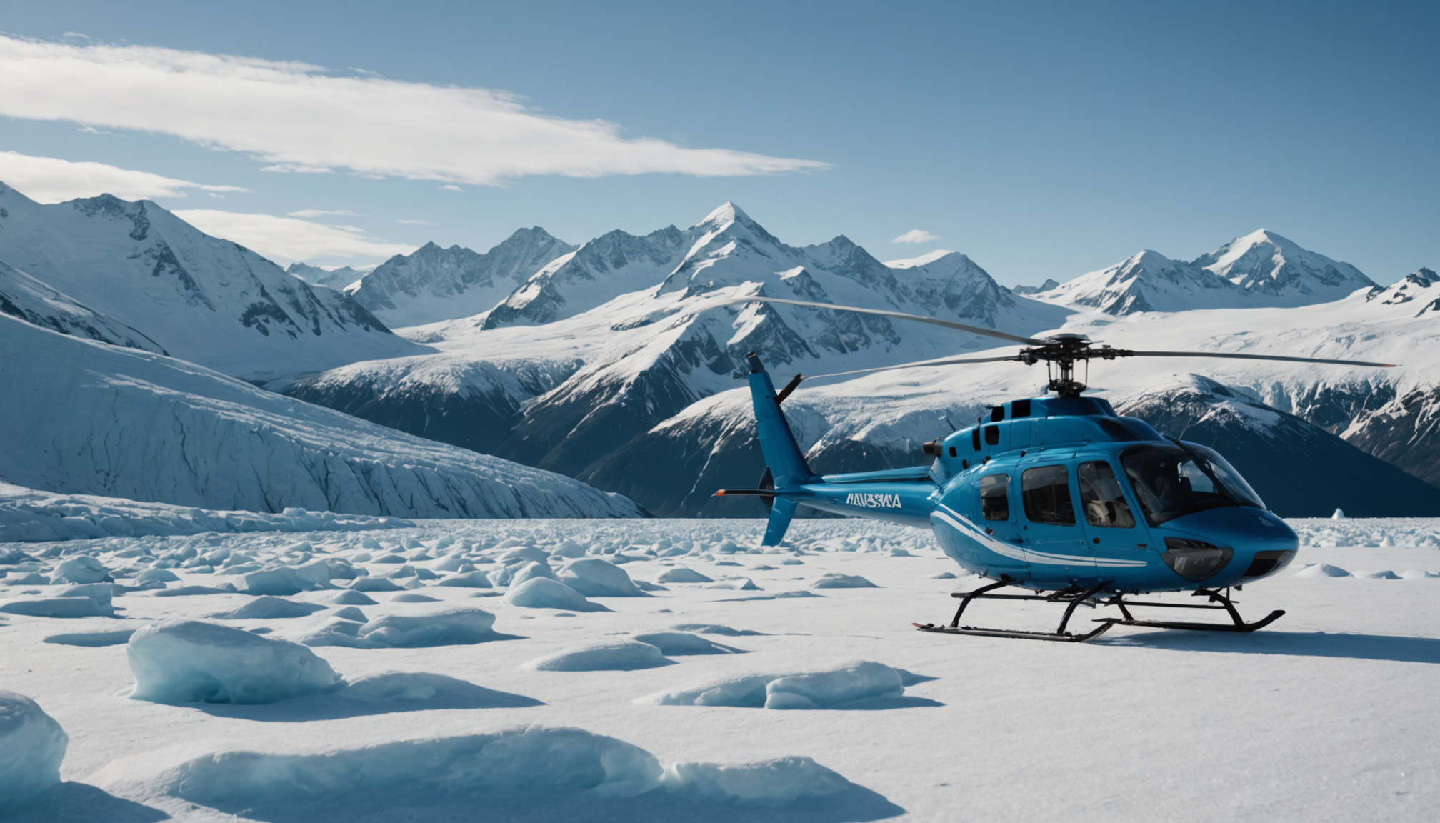 Helicopter landing on a snow-covered peak in the Chugach Mountains
