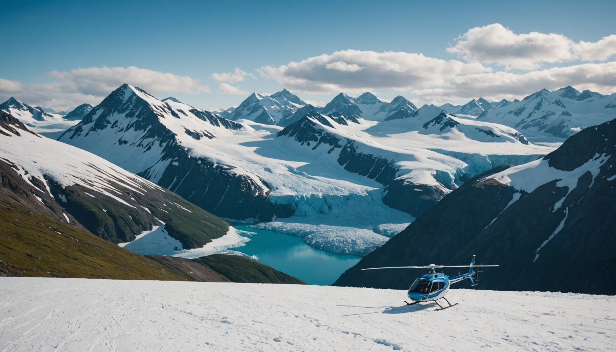 Helicopter landing on a snow-covered peak in the Chugach Range