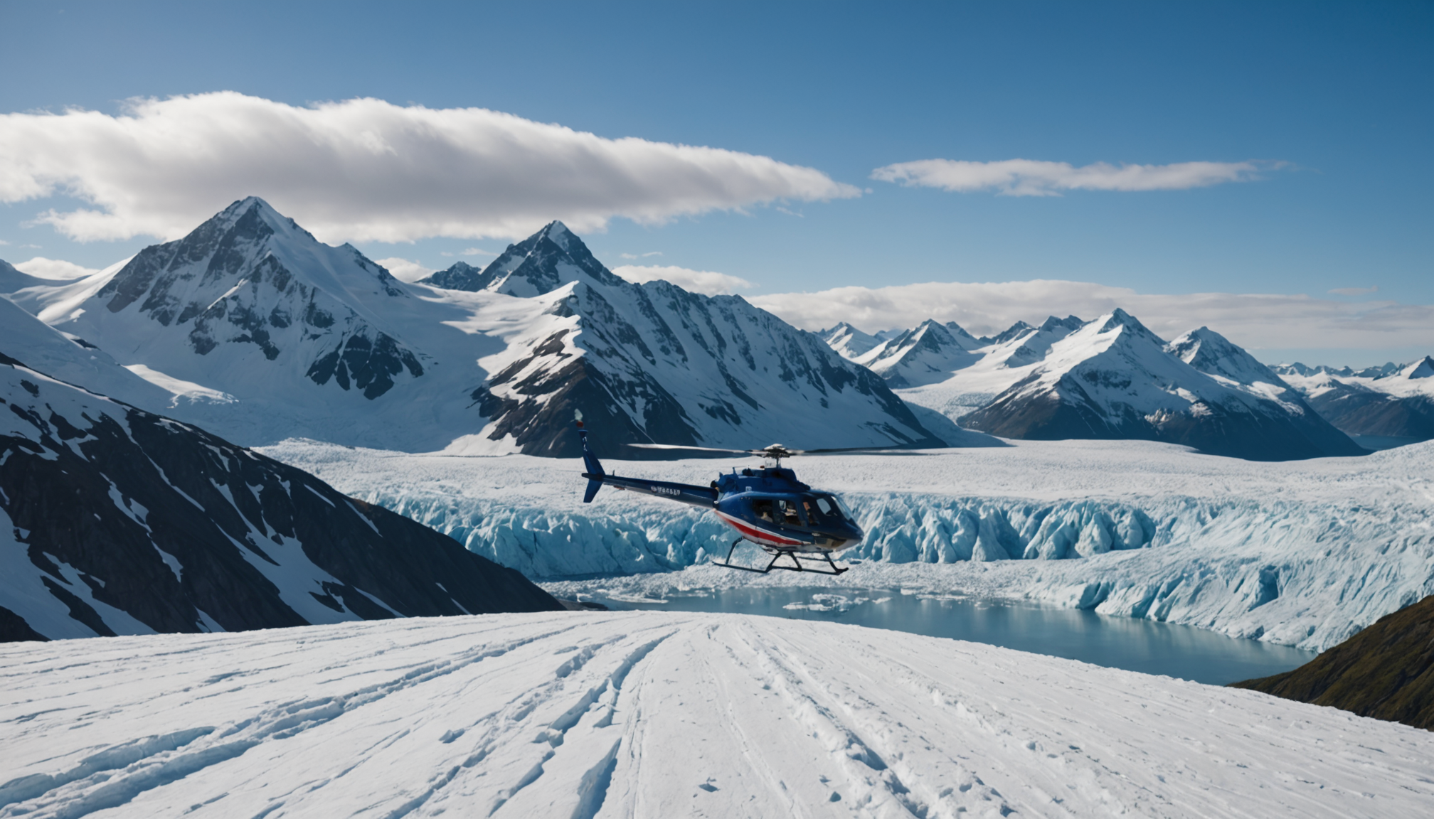 Helicopter landing on a snowy Alaskan peak
