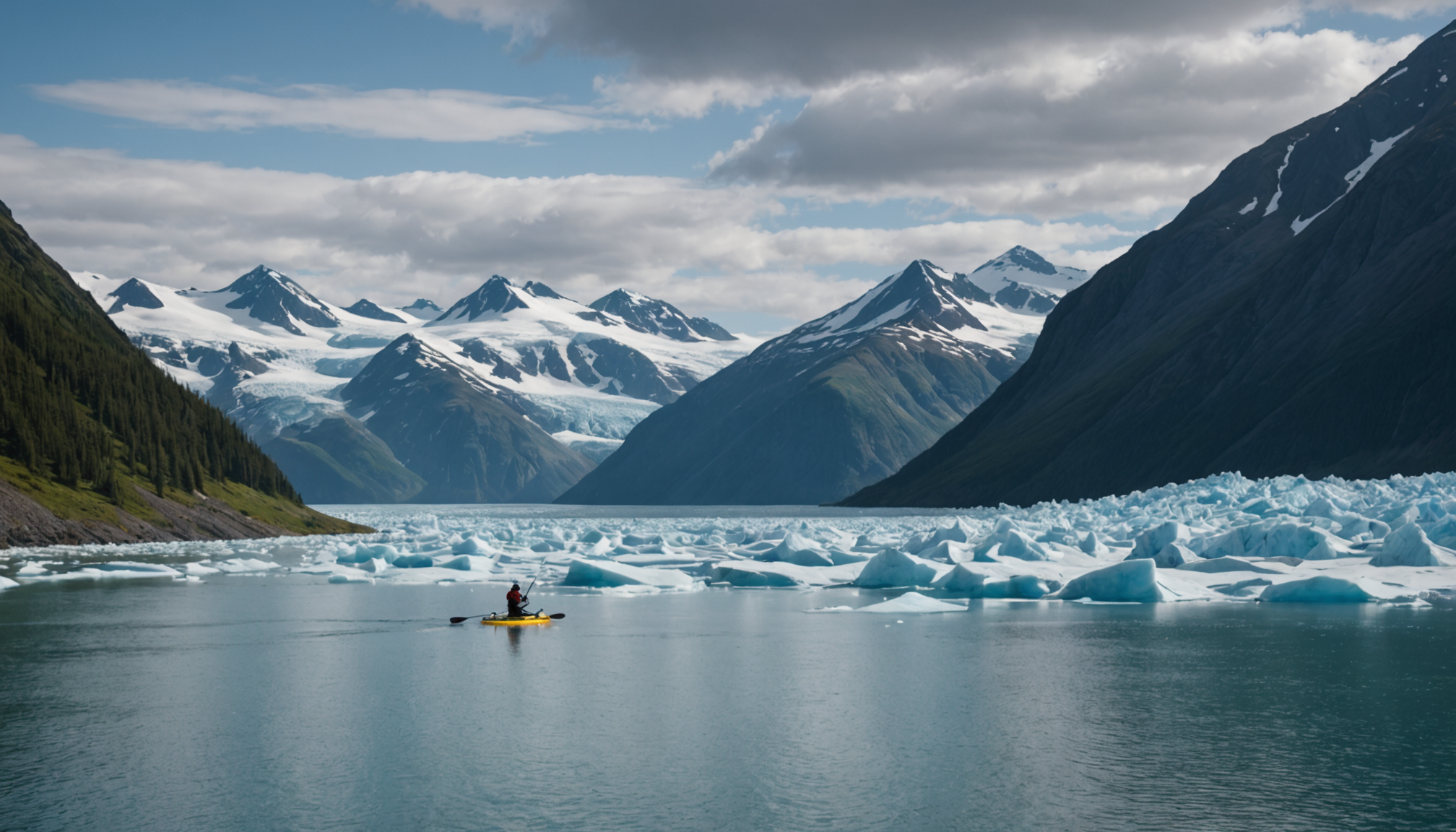 A paddle boarder with the Chugach Mountains in the background