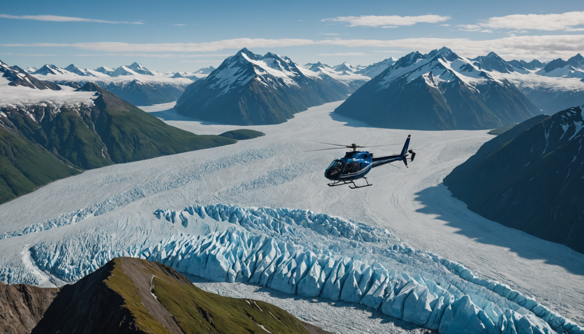 Helicopter flying over Knik Glacier
