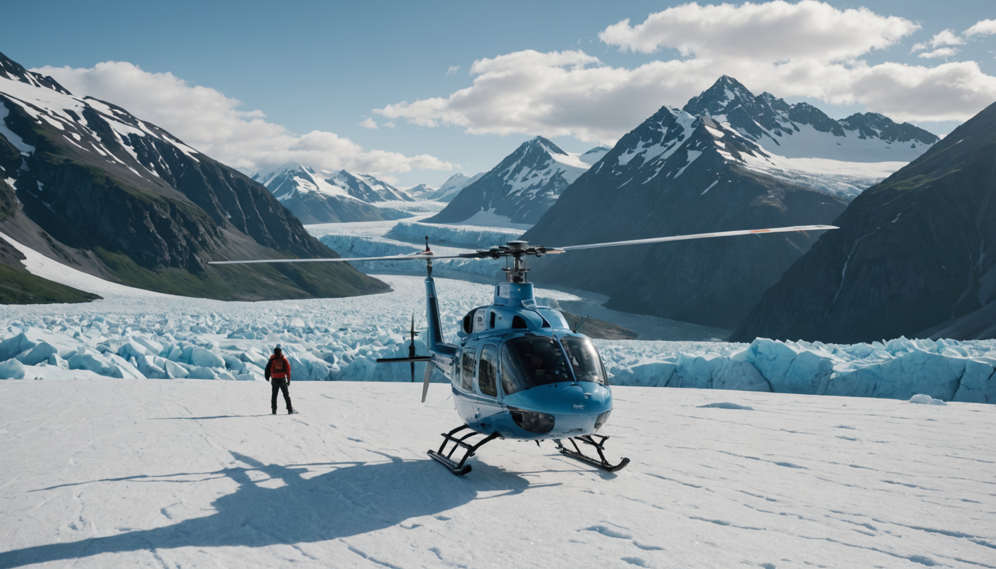 Helicopter landing on a glacier with passengers disembarking