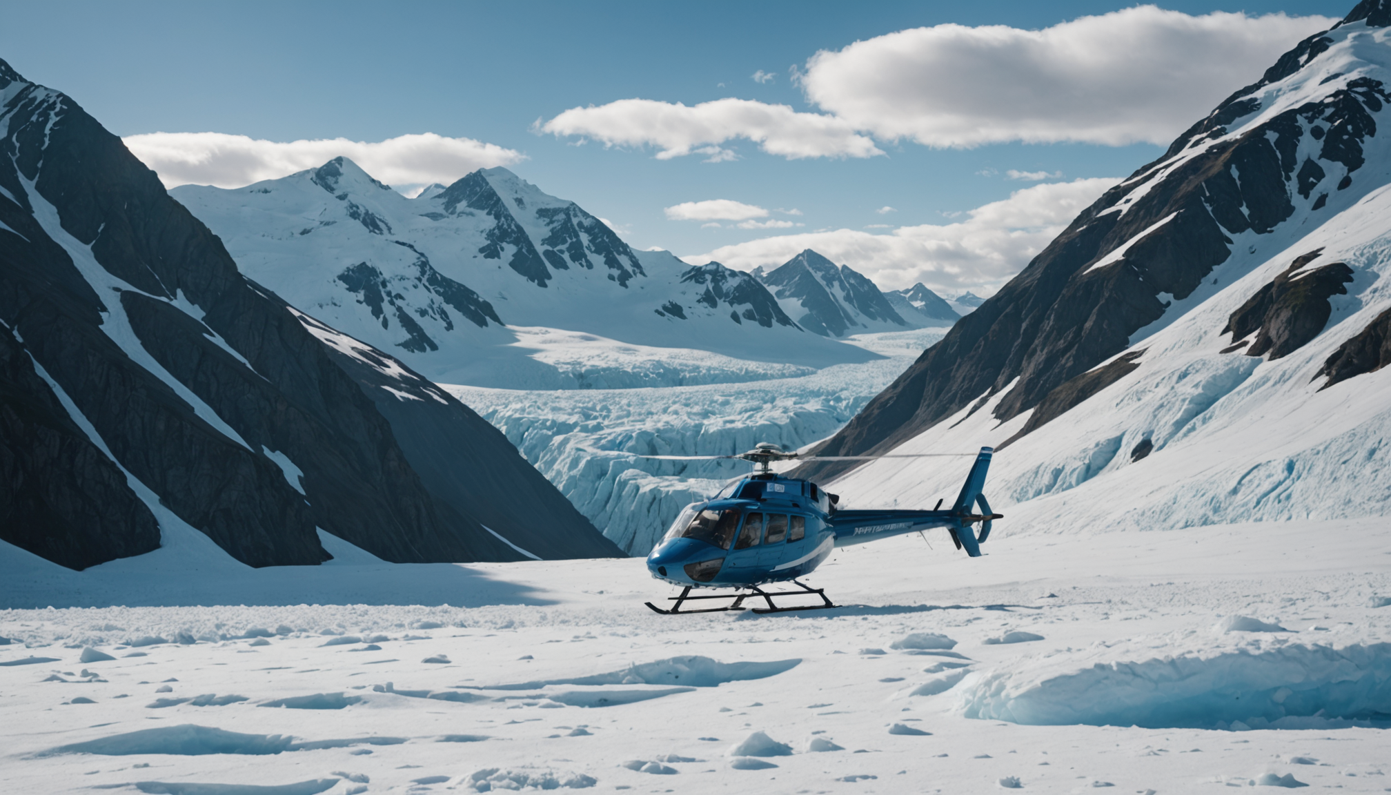 Helicopter landing on a snow-covered peak in Alaska
