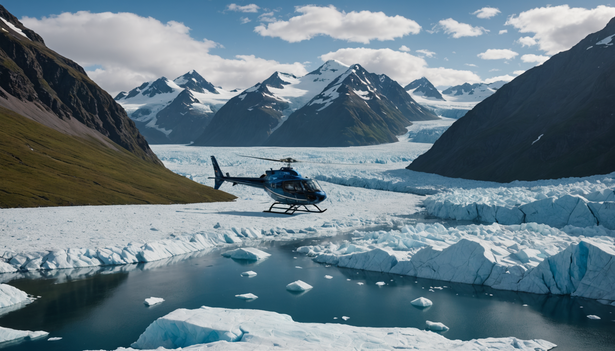 Helicopter landing on a glacier near Girdwood