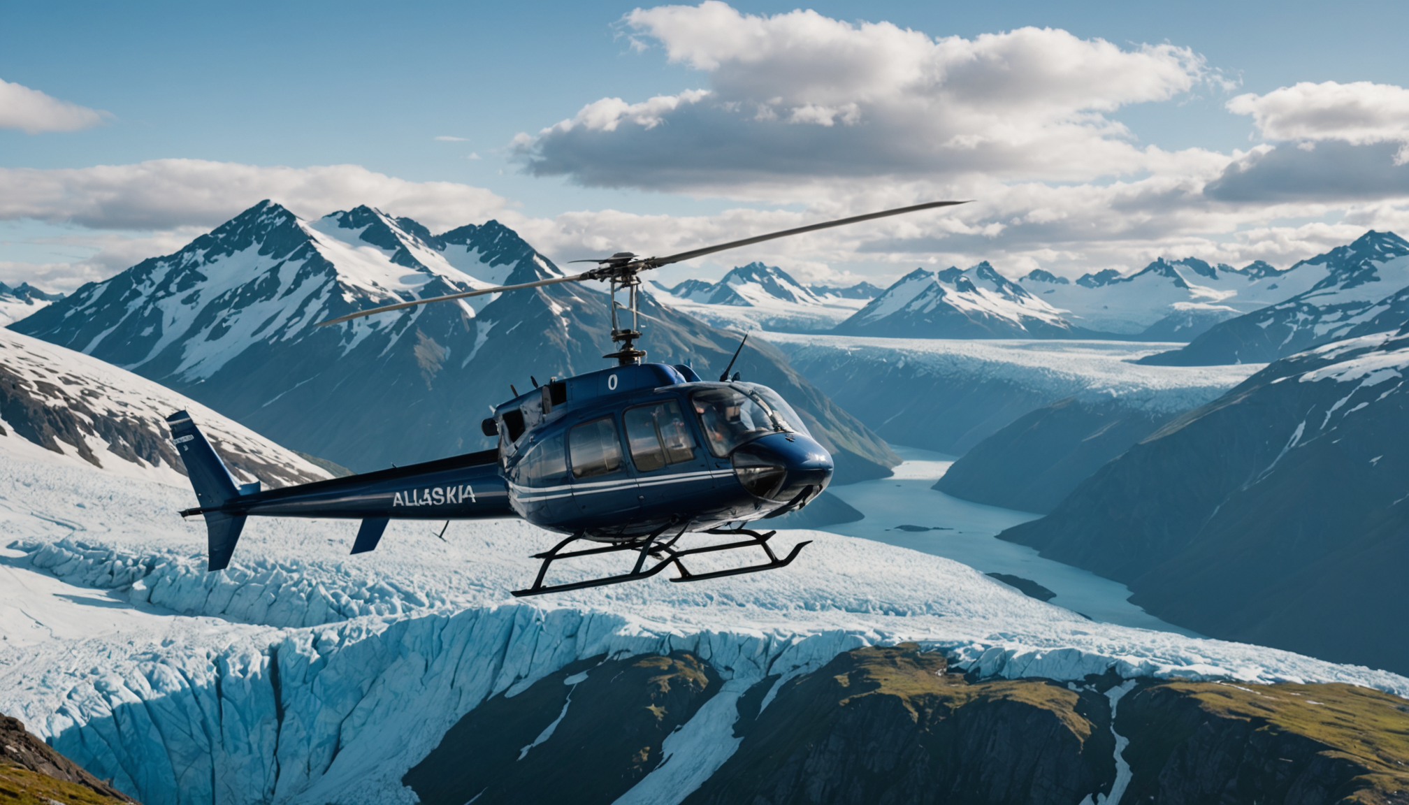 Close-up of a helicopter against a backdrop of Alaskan fjords