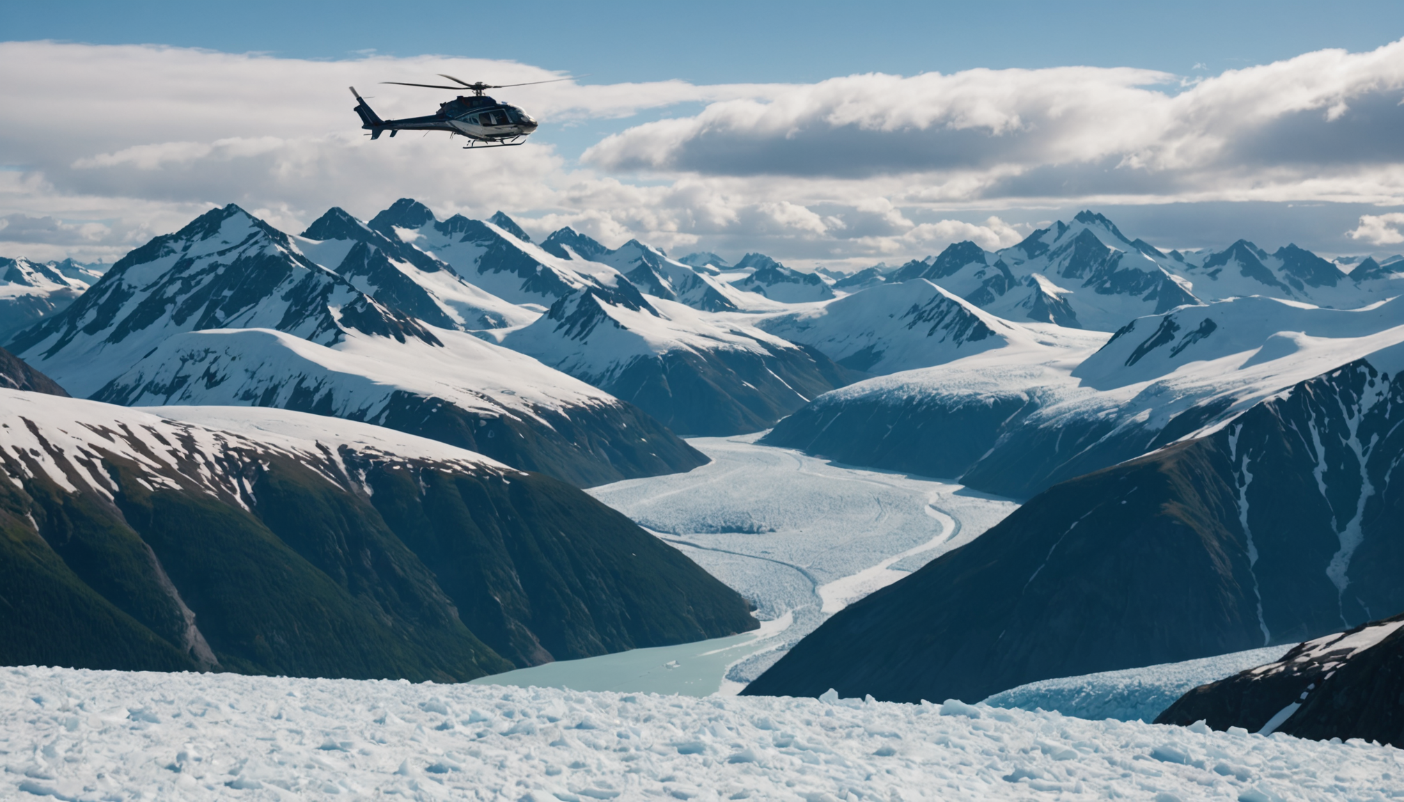 Helicopter flying over Prince William Sound