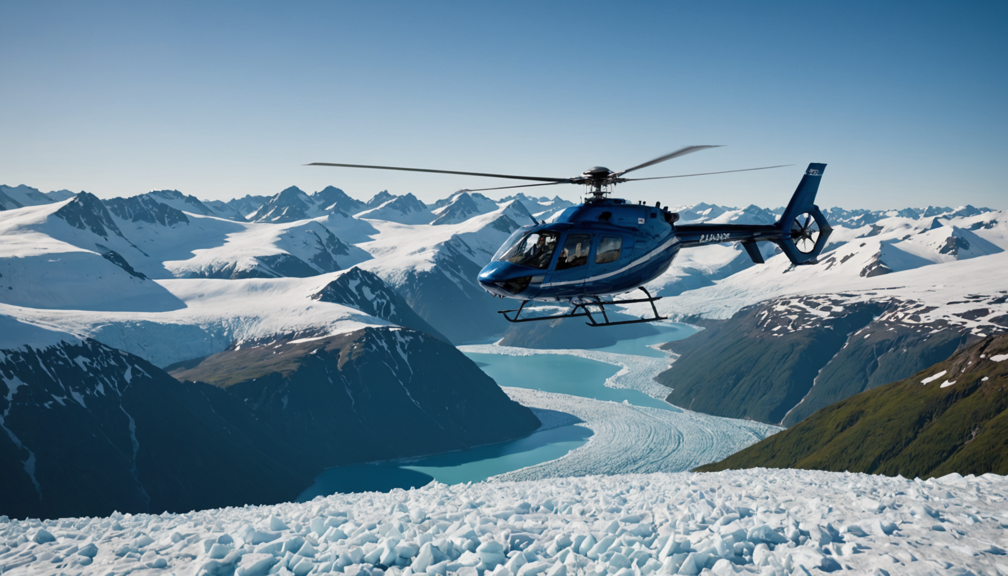 Helicopter flying over Prince William Sound