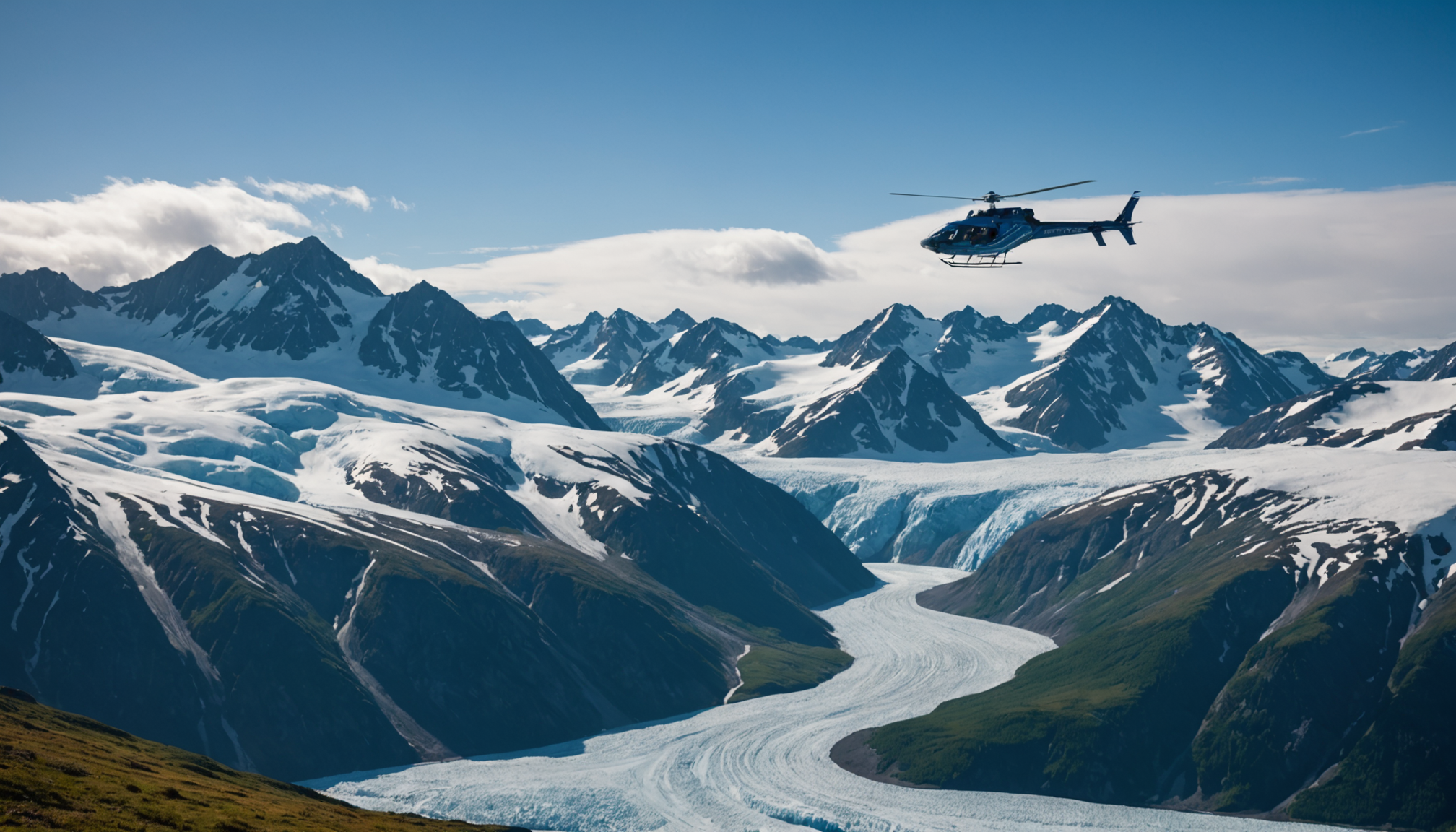 Helicopter flying over Chugach Mountains