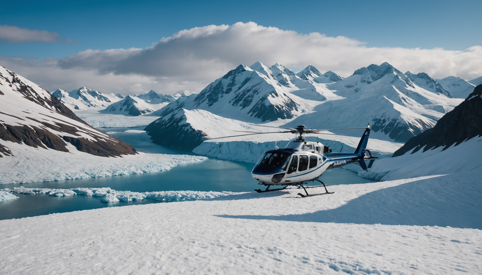 Helicopter landing on a snow-capped peak