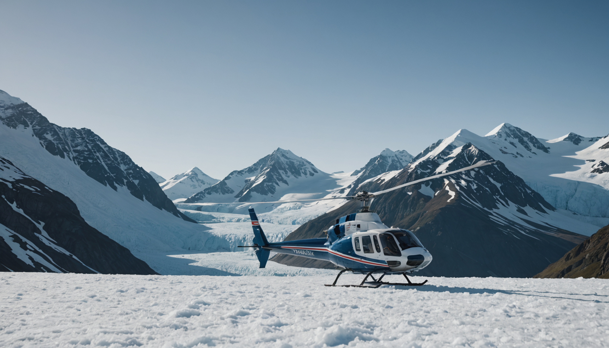 Helicopter landing on a snow-covered peak in Chugach Mountains
