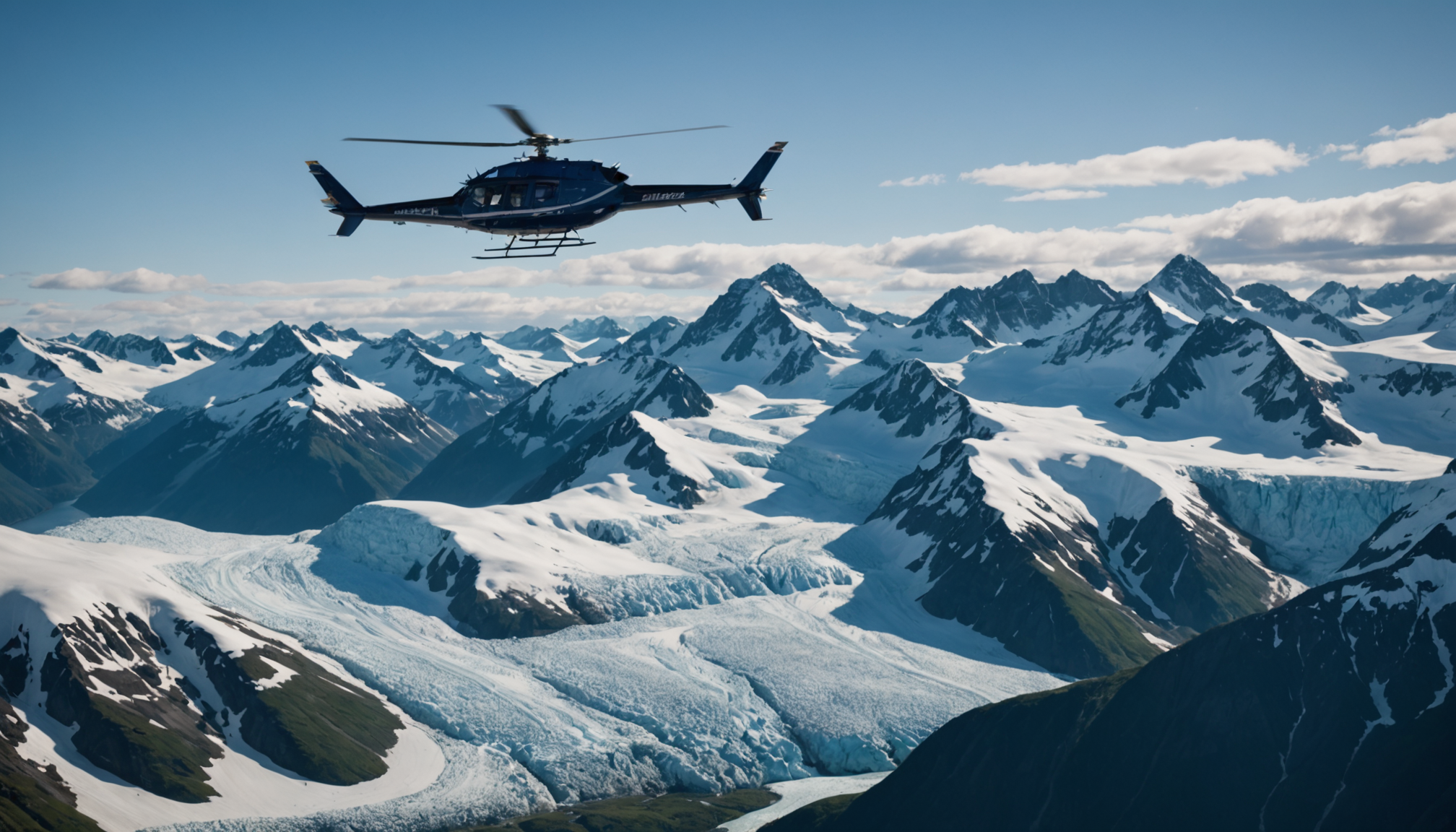 Helicopter flying over Alaskan glaciers