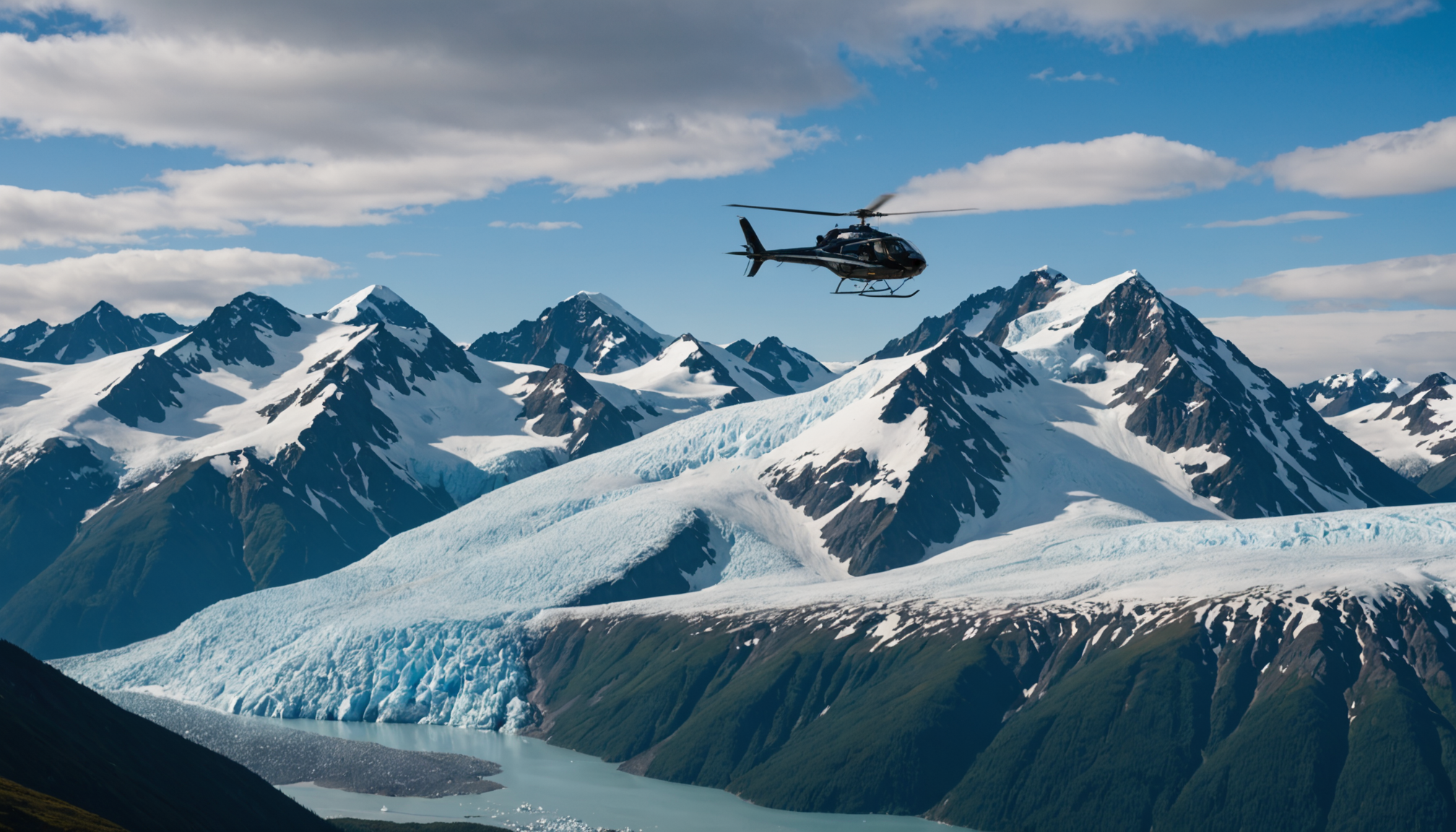 Helicopter flying over the Chugach Mountains