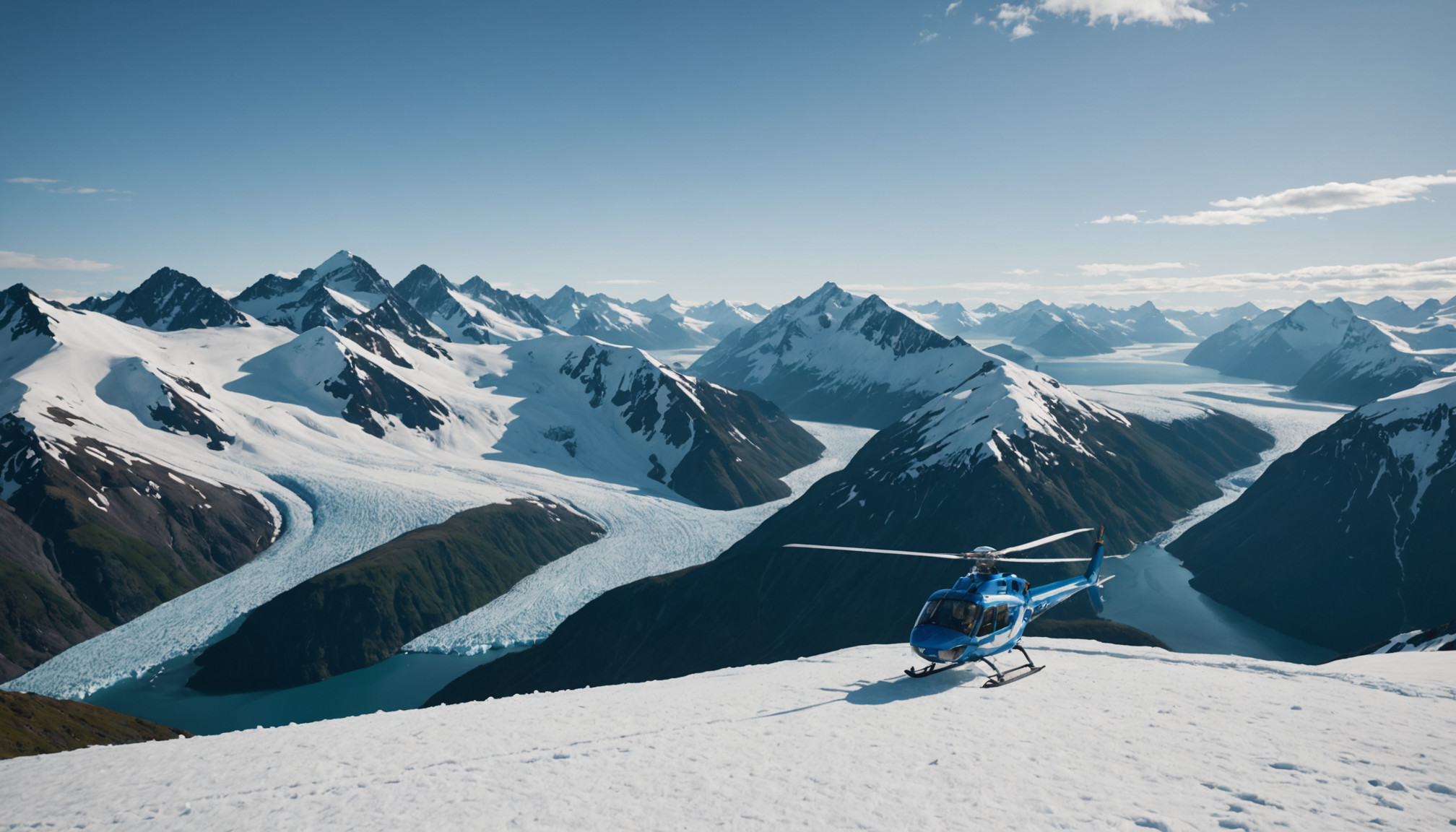 A helicopter landing on a snowy peak in the Chugach Range