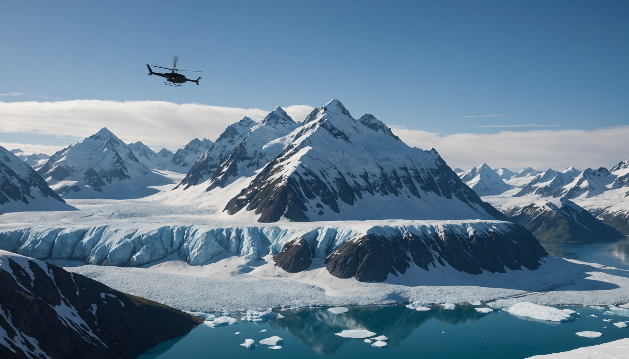 Snow-covered peaks and helicopter in Alaska