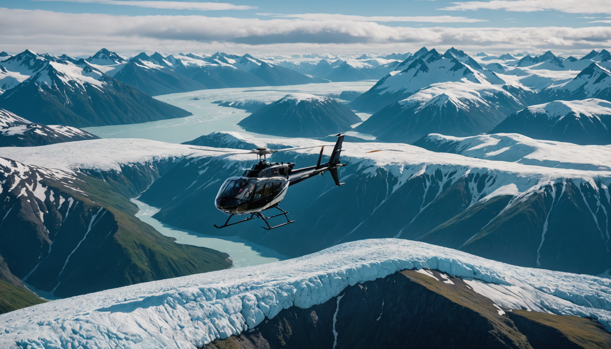 Helicopter flying over the Chugach Mountains
