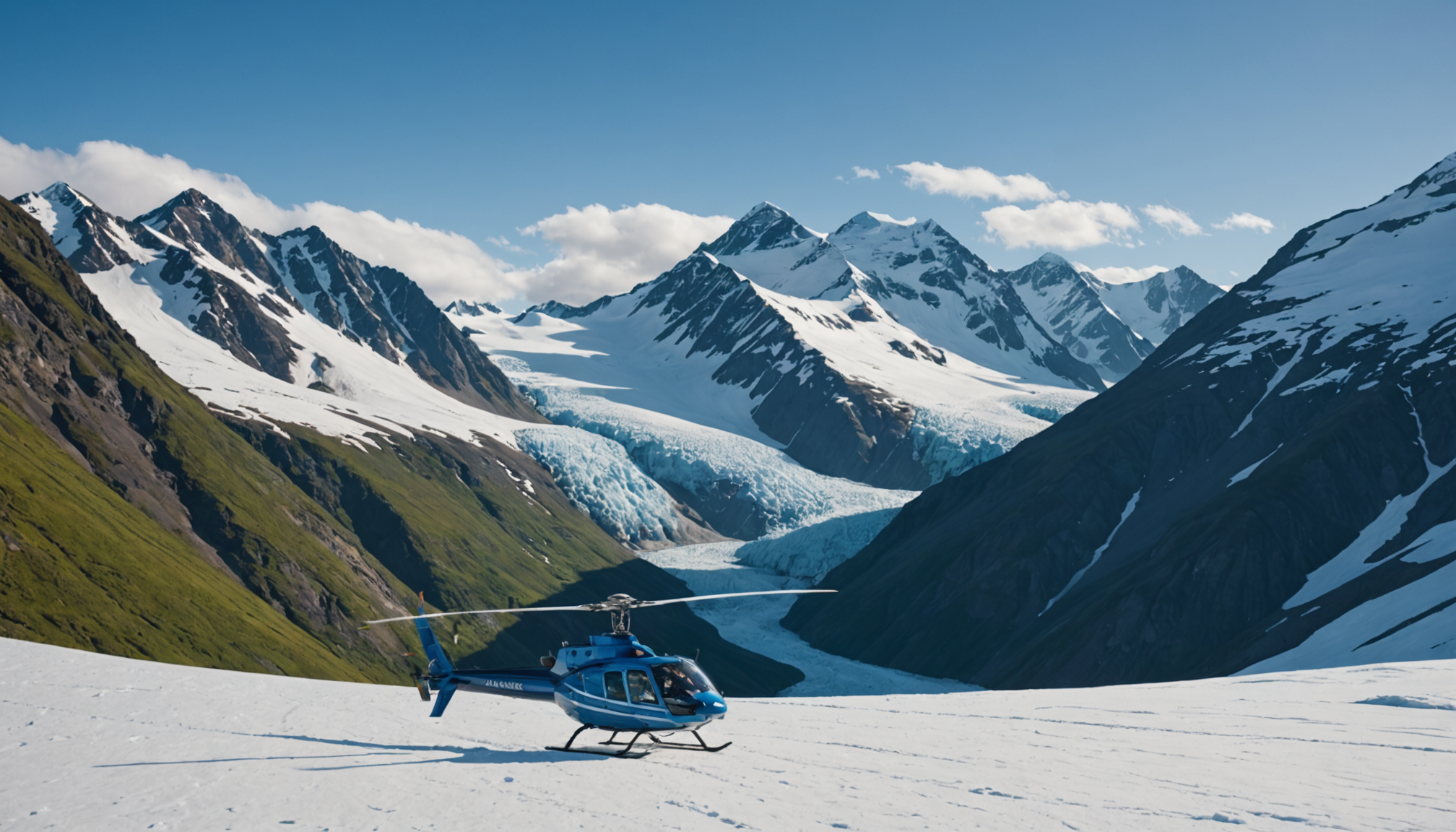 Helicopter landing on a snowy Alaskan peak