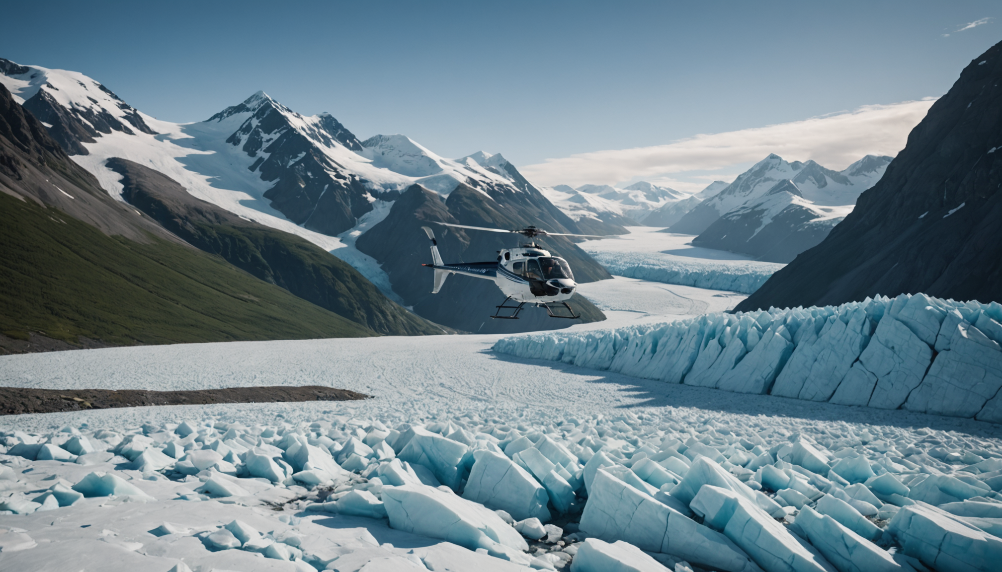 Helicopter landing on a glacier
