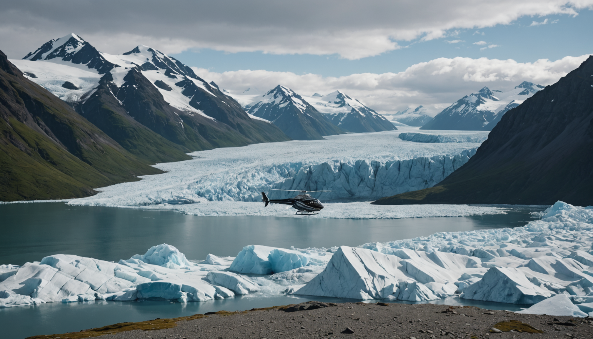 Helicopter landing near a glacier in the Chugach Mountains