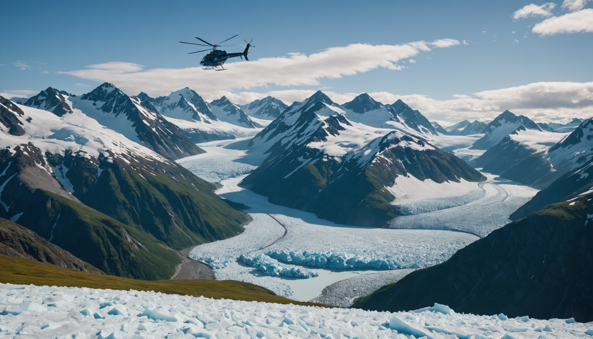 Helicopter landing on an Alaskan glacier.