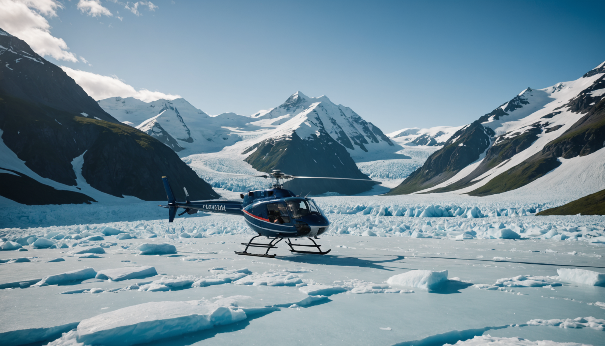 Helicopter landing on a glacier with the Chugach Mountains in the background