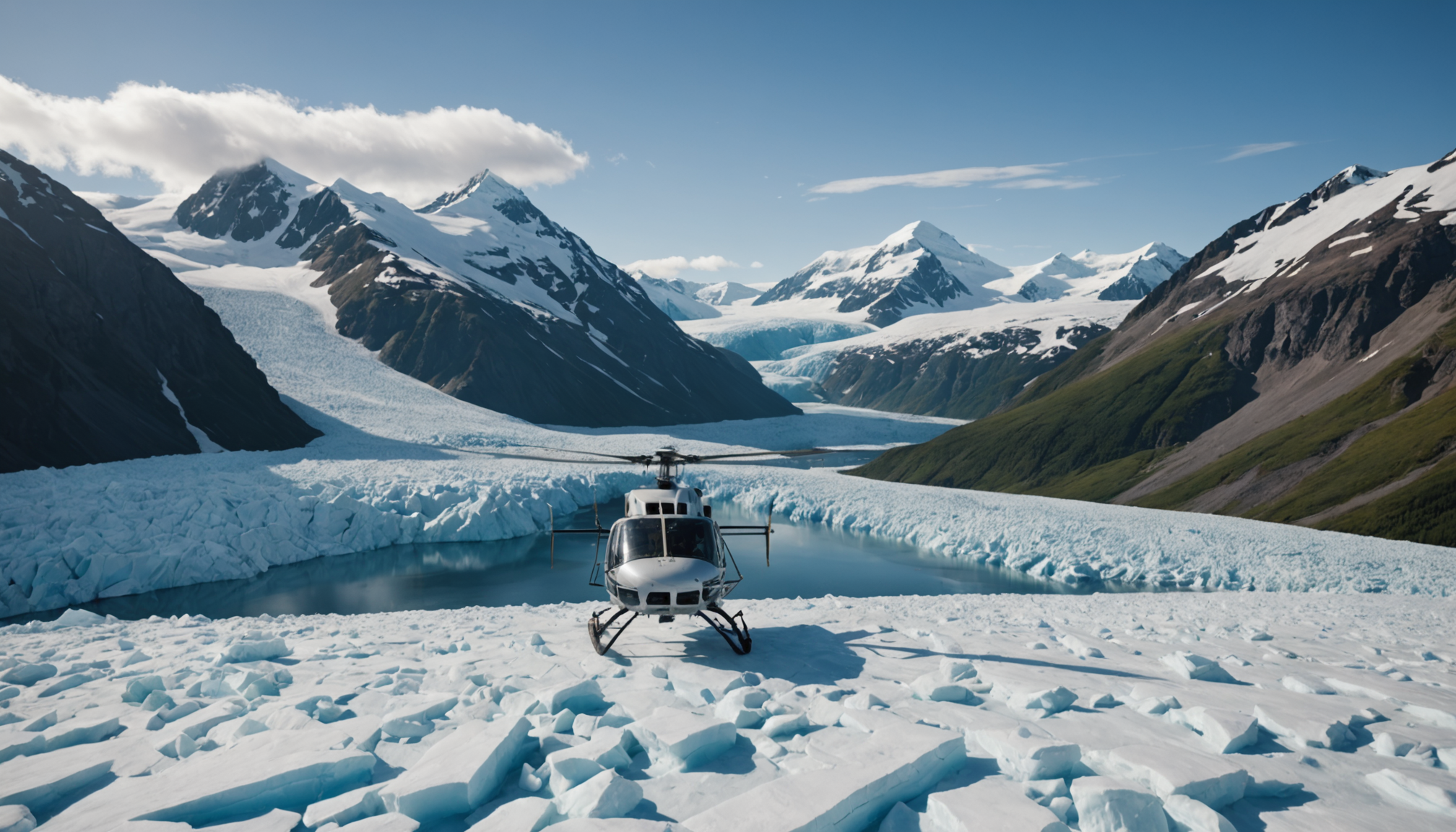 Helicopter landing on a glacier in the Chugach Mountains