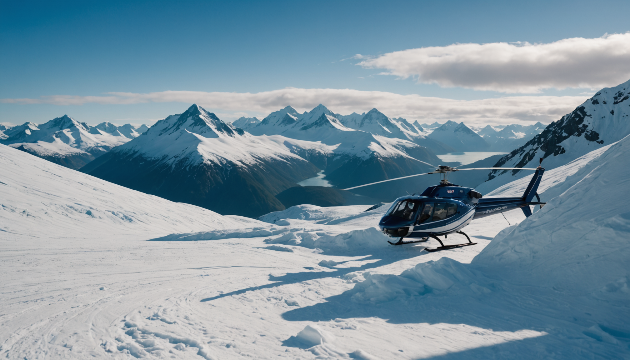 Helicopter landing on a snow-covered Alaskan peak