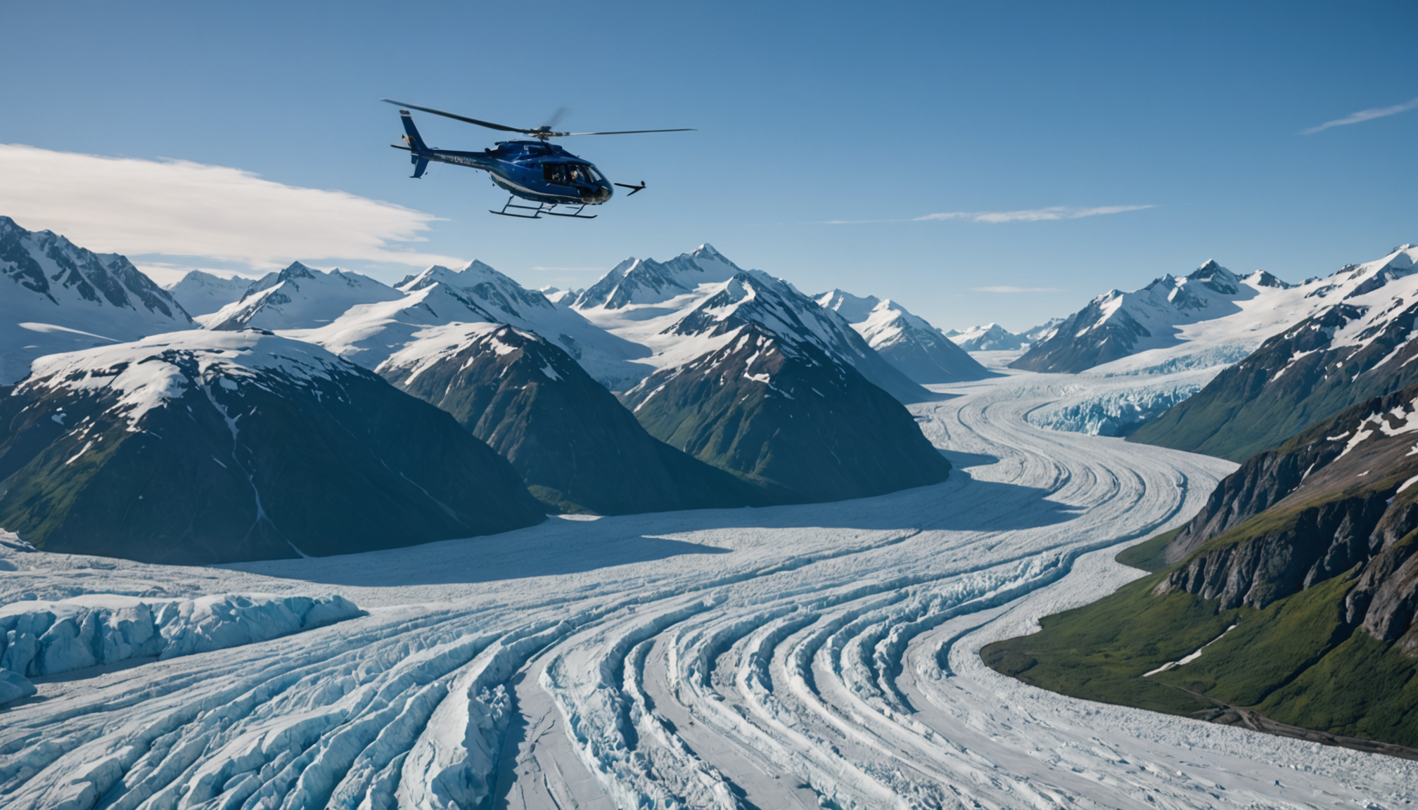 Helicopter soaring over Knik Glacier