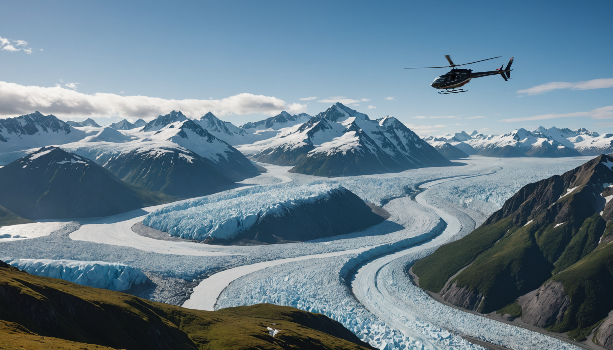 Helicopter flying over Knik Glacier