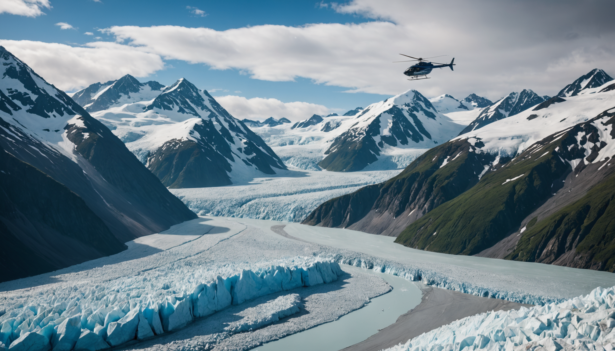 Helicopter flying over Knik Glacier