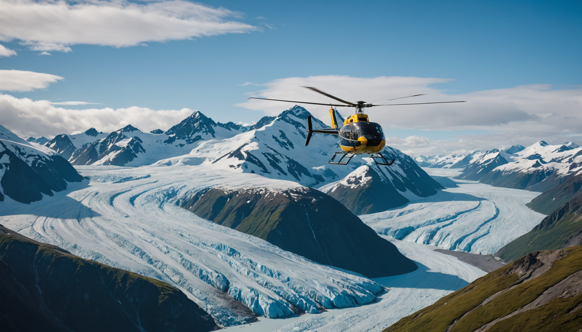 Helicopter flying over Knik Glacier