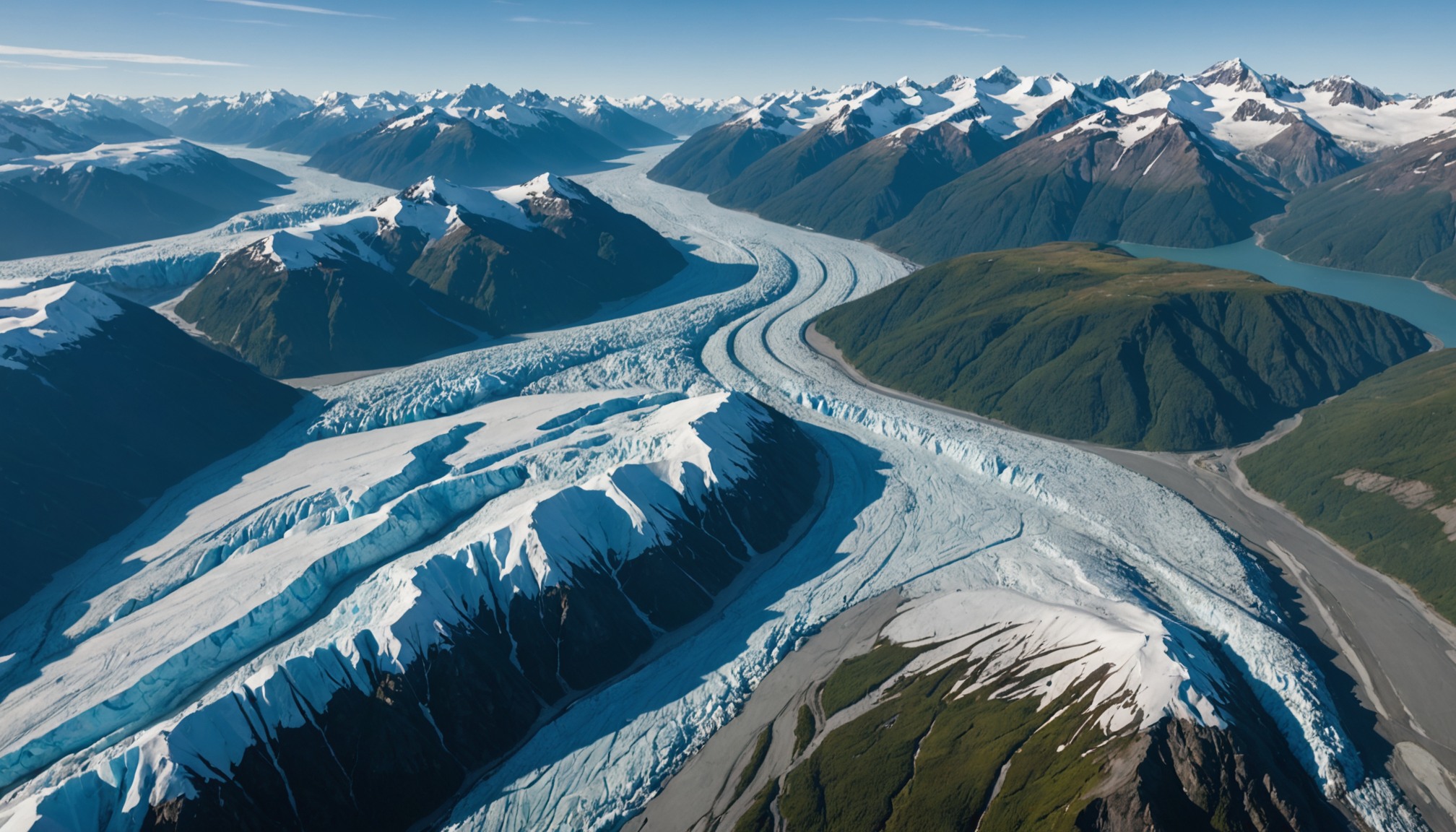 Aerial view of Knik Glacier with a helicopter in the foreground