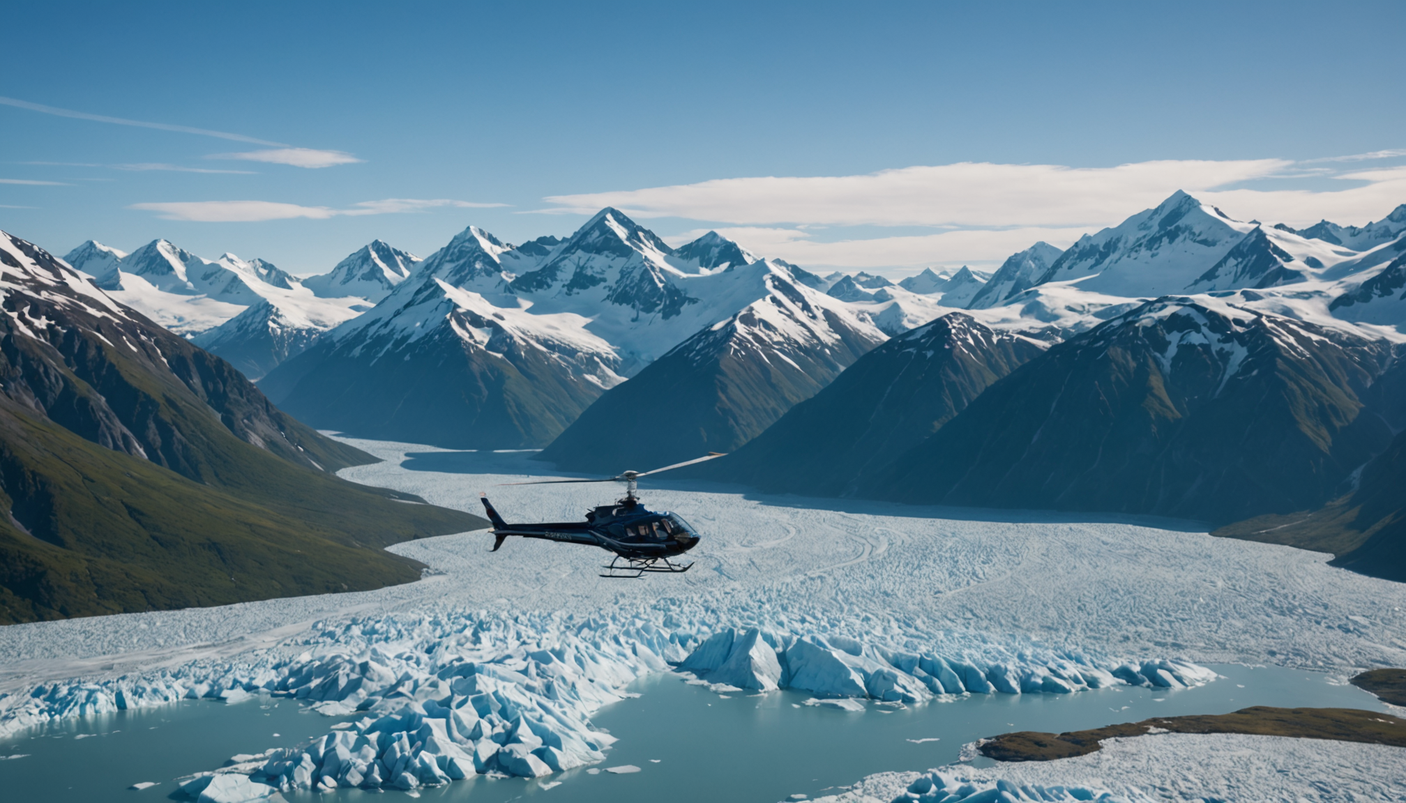 Helicopter flying over Knik Glacier