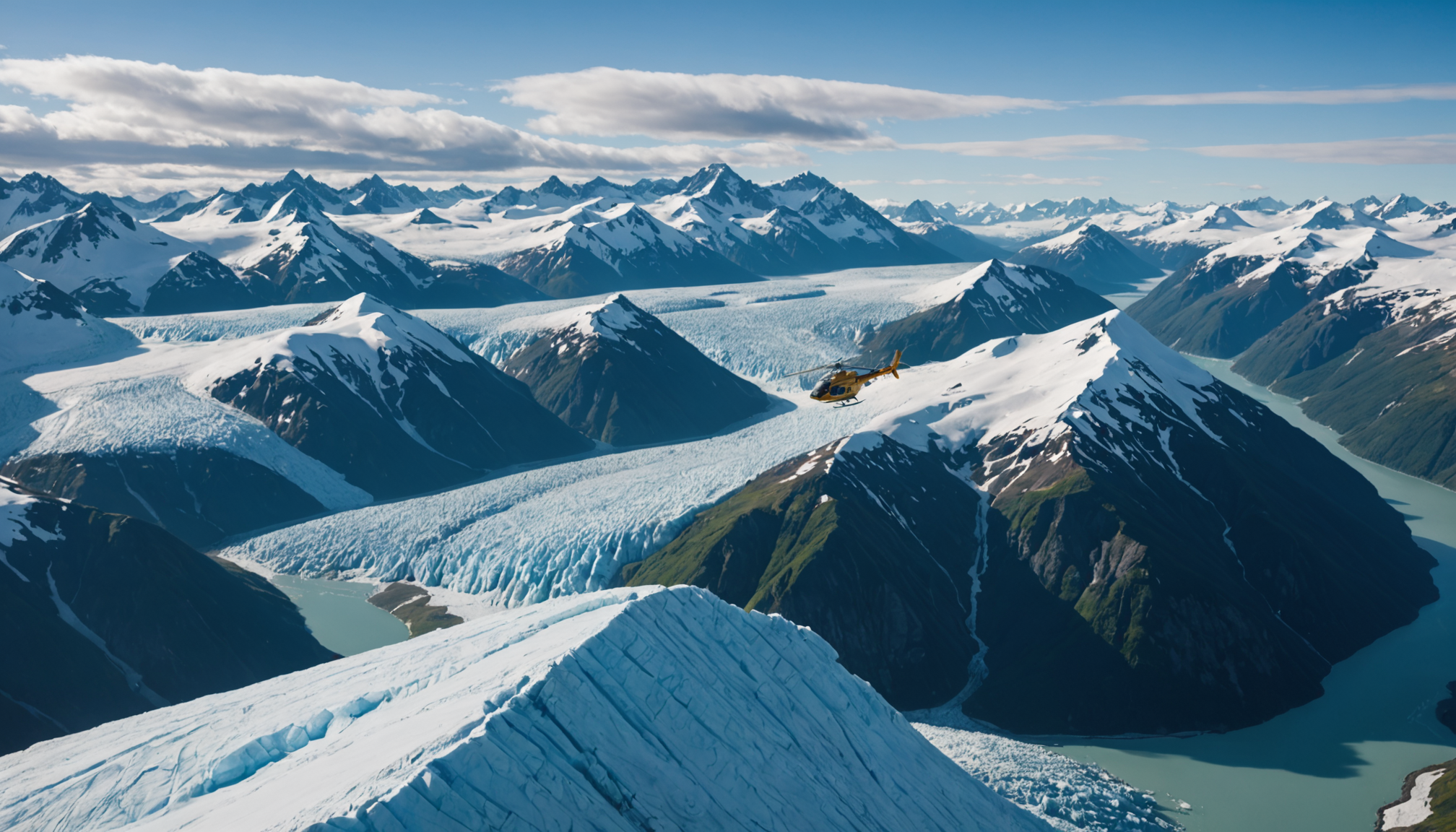 Helicopter flying over Knik Glacier